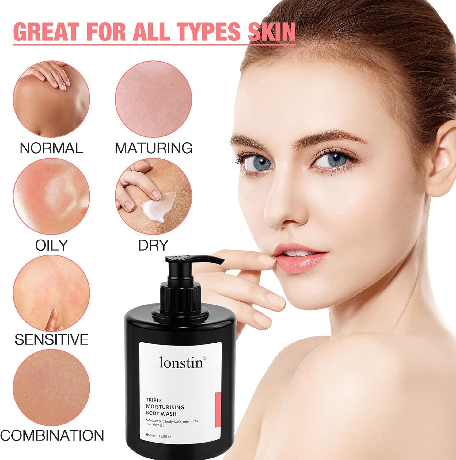 Lonstin Shower Gel Body Wash, Argan Oil Shower Gel for Instant Soft Skin and Permanent Care Triple Moisturising Shower Gel for Sensitive & Damaged Skin for Men and Women, 16.9 Fl Oz image number 4