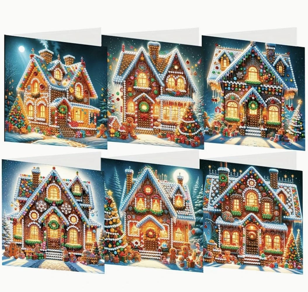Syntego 6Pcs DIY Festive Gingerbread Christmas House | Diamond Painting Greeting Card Kit for Adults | Handmade Multi-Color Art Set with Envelopes, Tools Holiday Decorative Craft Supplies image number 1