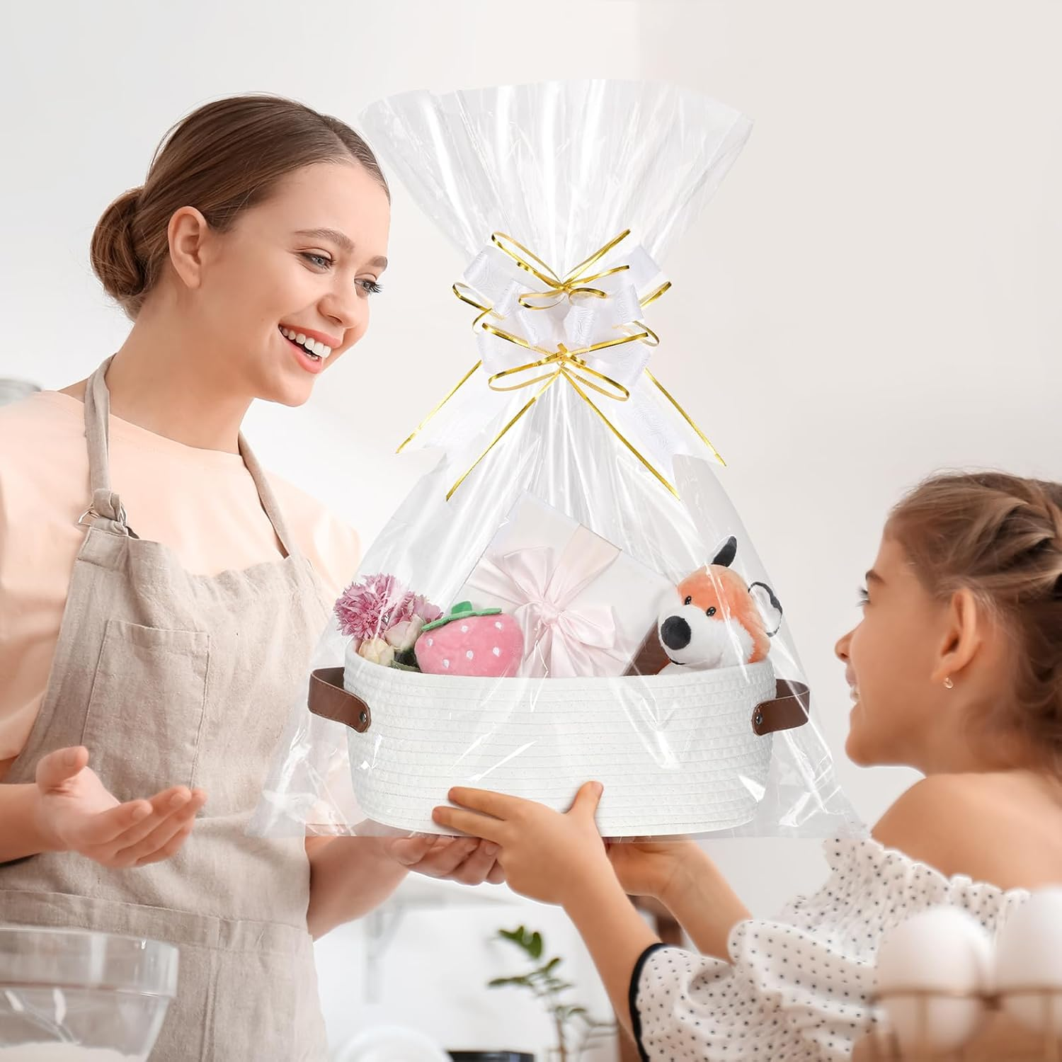 Colingmill 2 Pack Small Baskets for Gifts Empty with Handle Woven Basket with Bags and Ribbons Empty Storage Box Pet Toy Organizer for Baby Birthday Wedding Presents(White,13 X 8 X 6 Inch) image number 2