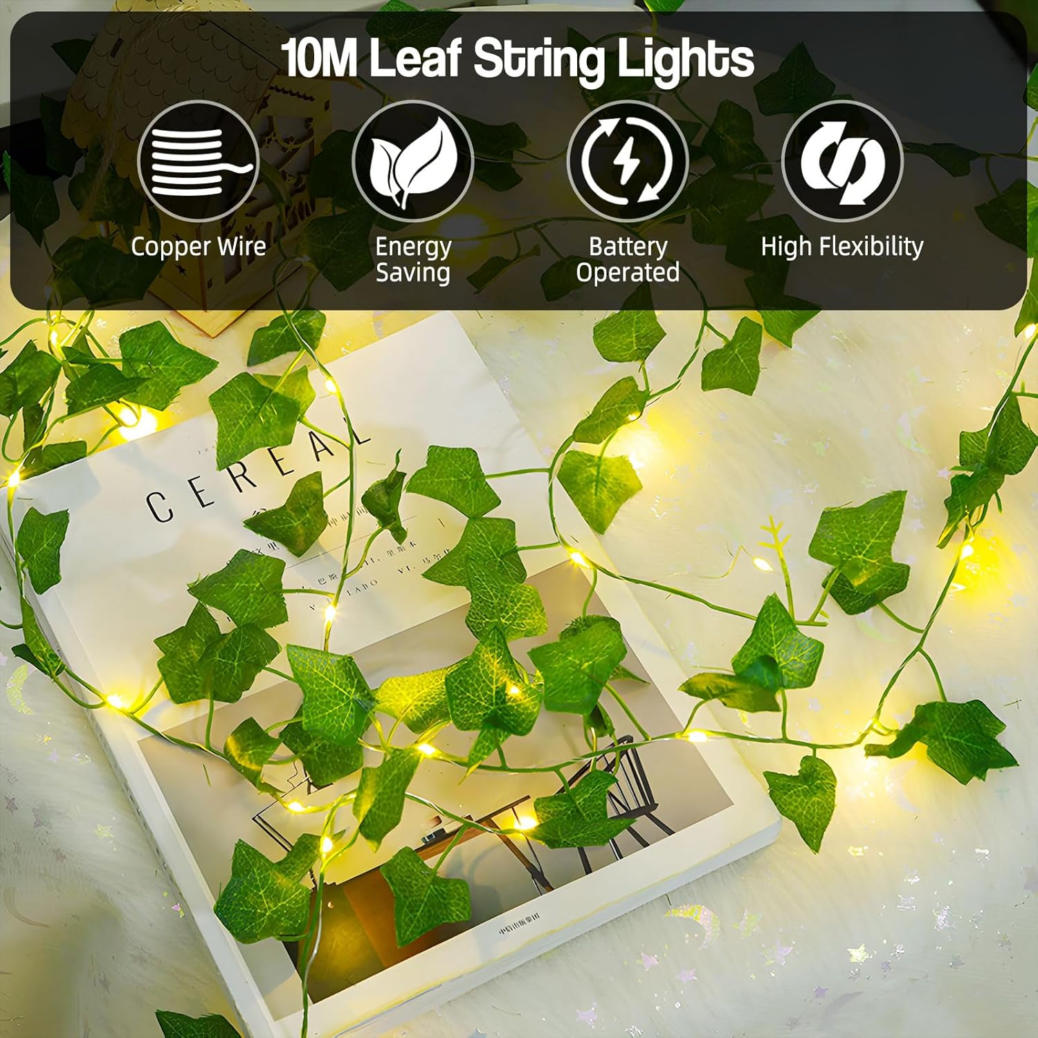 10M 100LED Vine Leaf Fairy String Lights Batteries Powered, Fake Green Ivy Vine Fairy String Lights for Room Home Bedroom Outdoor Indoor Curtain Garden Decor image number 1