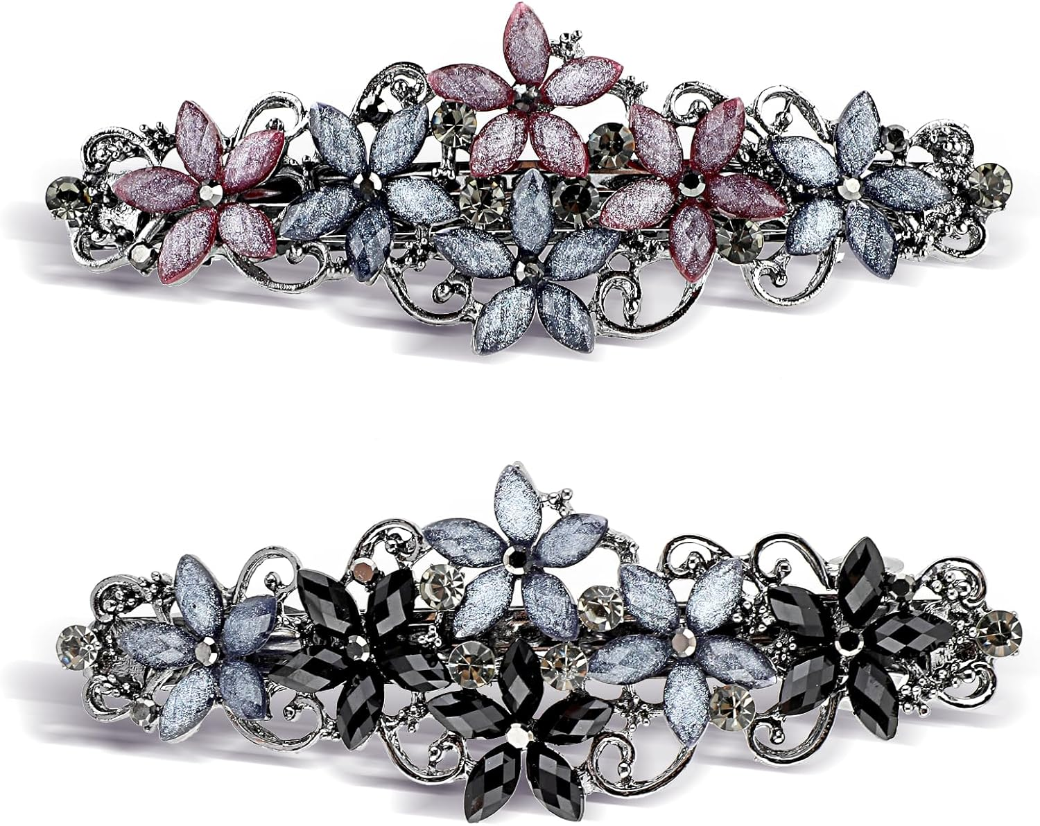 Teaaha Pack of 2 Elegant Hair Clips for Women Girls Hair Clip with Crystal Flower Clip Glitter Exquisite Hair Accessories French Style Vintage Hair Accessories (Pink and Blue/Black and Blue) image number 1