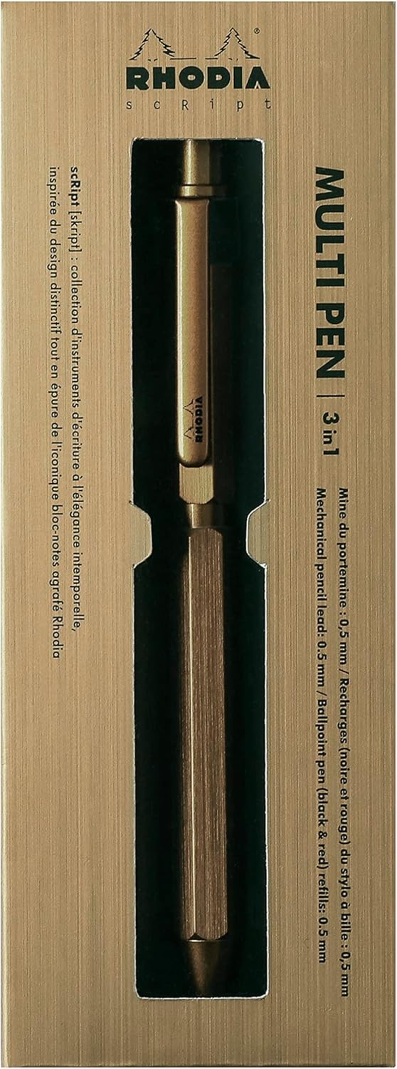 RHODIA 9345C - 3 in 1 Script Multi Pen 2 Ballpoint Pens 0.5 Mm Black & Red + 1 Graphite Mechanical Pencil 0.5 Mm - Hexagonal Body in Brushed Gold Aluminum - Refillable - Eraser under the Push Button