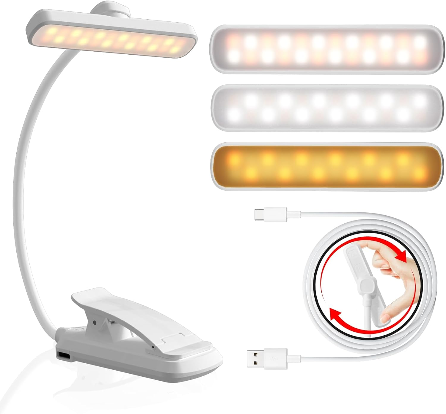 LUTW 24 LED Rotatable Book Light, 3 Eye-Friendly Colours and 5 Brightness Reading Light, Stepless Dimming, 1000Mah Rechargeable Clip on Light, Long Battery Life, Flexible Arm, Lightweight, White
