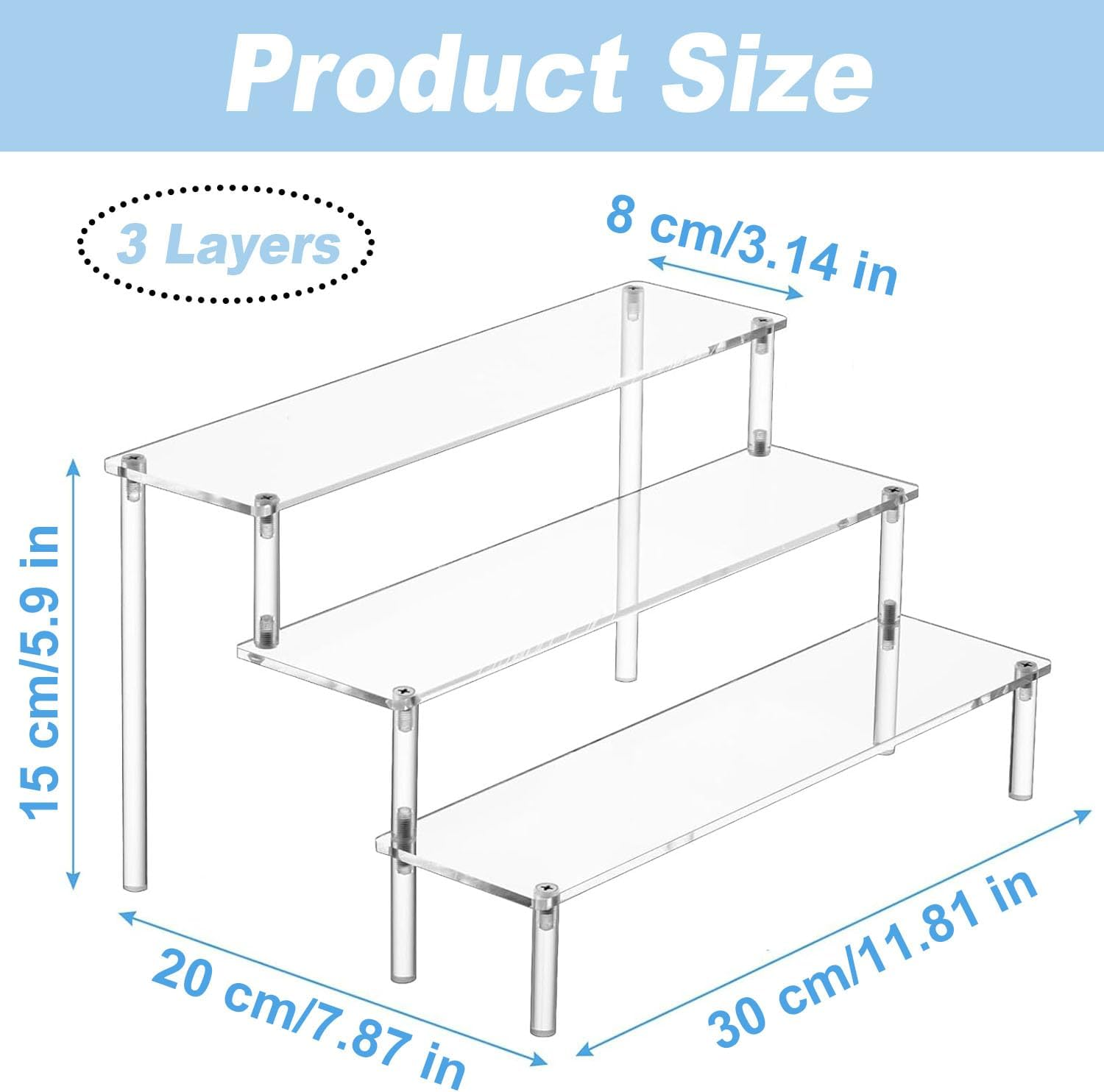 Acrylic Display Stand, 3 Tier Clear Acrylic Riser Display Shelf, Perfume Organizer Stand & Clear Cupcake Stand Holder, Display Holder for Amiibo POP Figures Toy, Riser Stand for Decoration & Organizer image number 5
