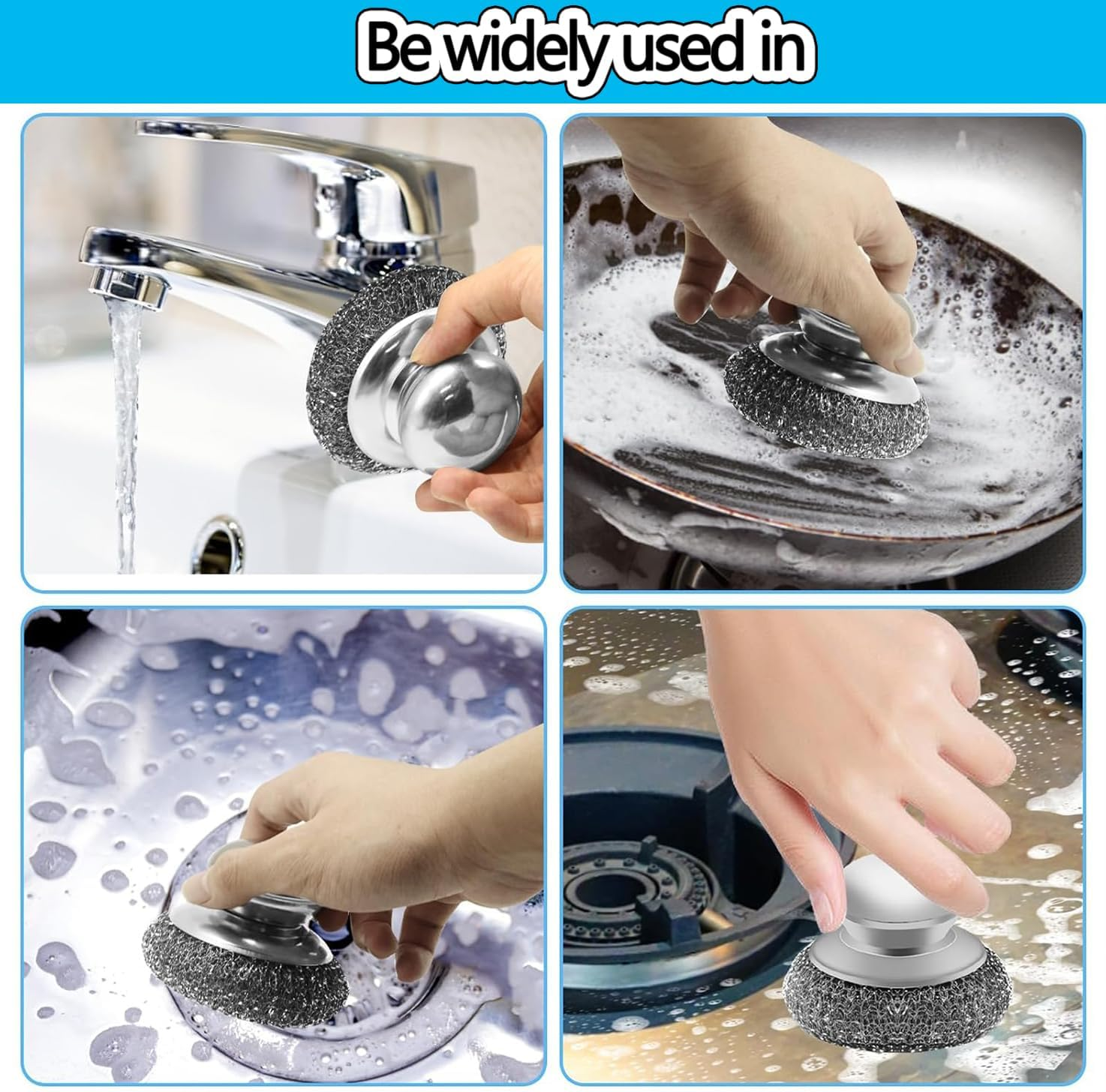 WADY 4 Pcs Stainless Steel Scrubber Stainless Steel Scourer with Handle round Pan Scourer Non Scratch Sponge Premium Dish Scrubber Metal Sponge Scrubber for Cleaning Pots Pans Grills Sink