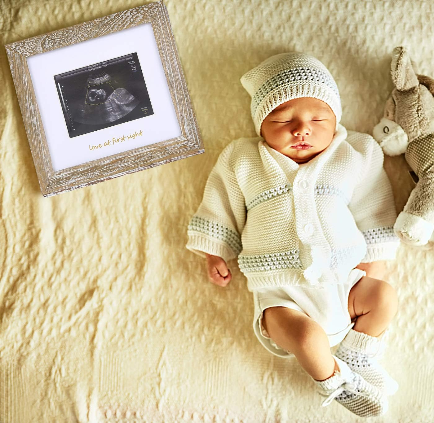 IHEIPYE Baby Love at First Sight Sonogram Keepsake Frame - Ultrasound Picture Frame - Pregnancy Announcement Frame for Expecting Parents, Gender Reveal Party, Grandparents, Rustic White image number 4
