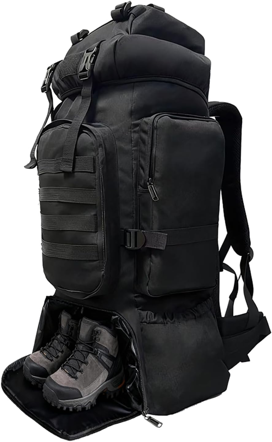 Nayubo Tactical 80L Hiking Backpack with Dedicated Shoe Compartment - Large Capacity Rucksack for Camping Backpacking Men Women - Outdoor Trekking Travel Pack (Black) image number 5