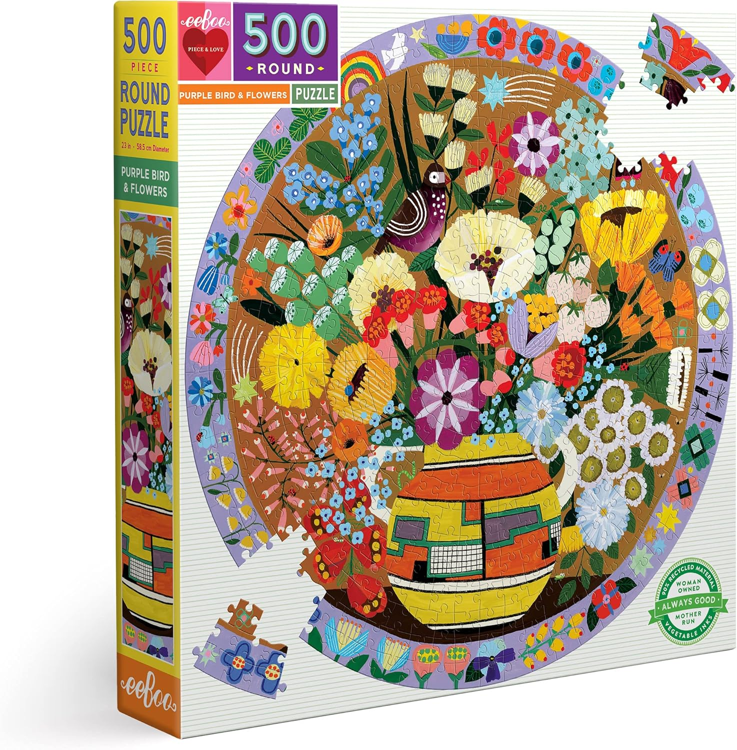 Eeboo Piece and Love Purple Bird and Flowers 500 Piece round Jigsaw Puzzle, Multi, PZFPRB