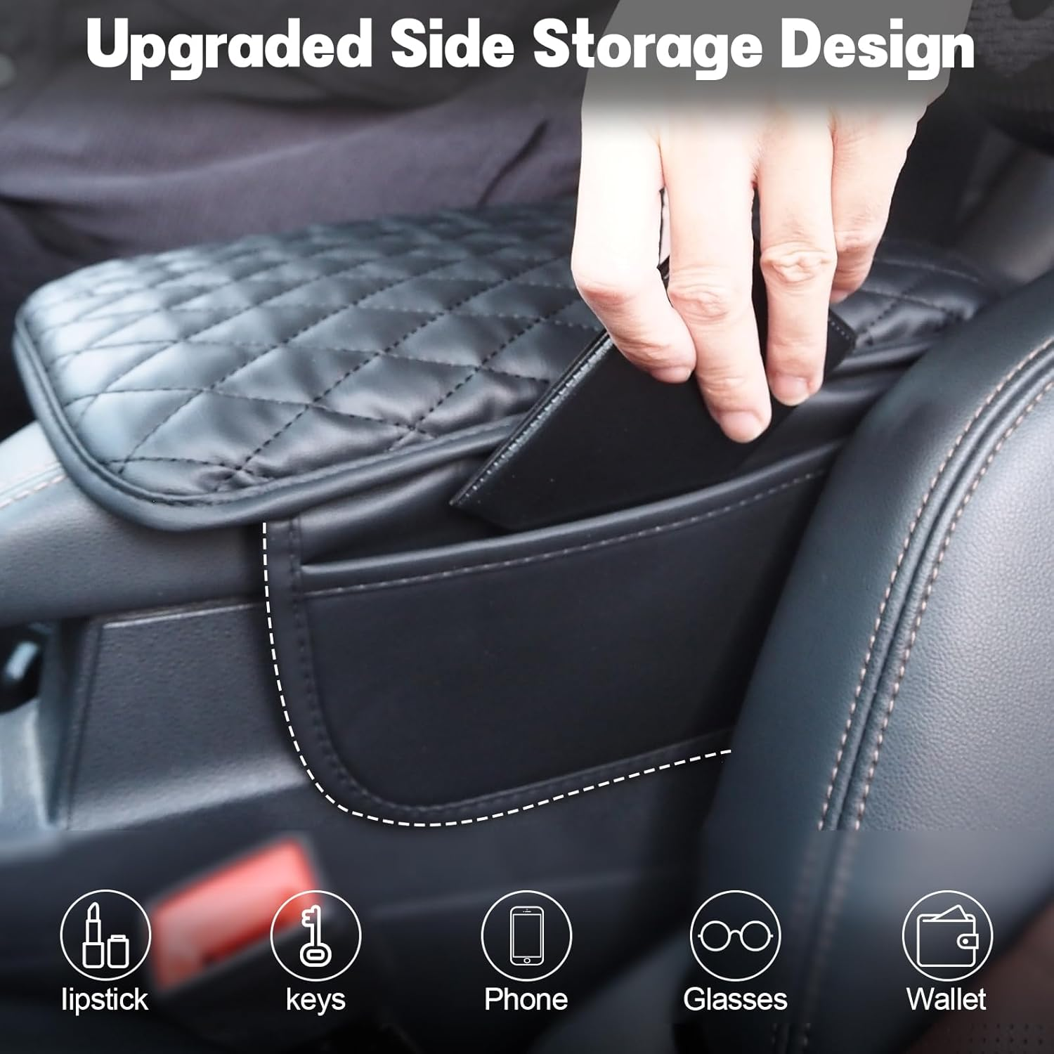 Car Armrest Cover, Universal Fit, Leather Armrest Support Elbow Rest Pillow, Center Console Soft Arm Rest Cushion Pad with Side Organizer, Car Accessories (Black #A) image number 3