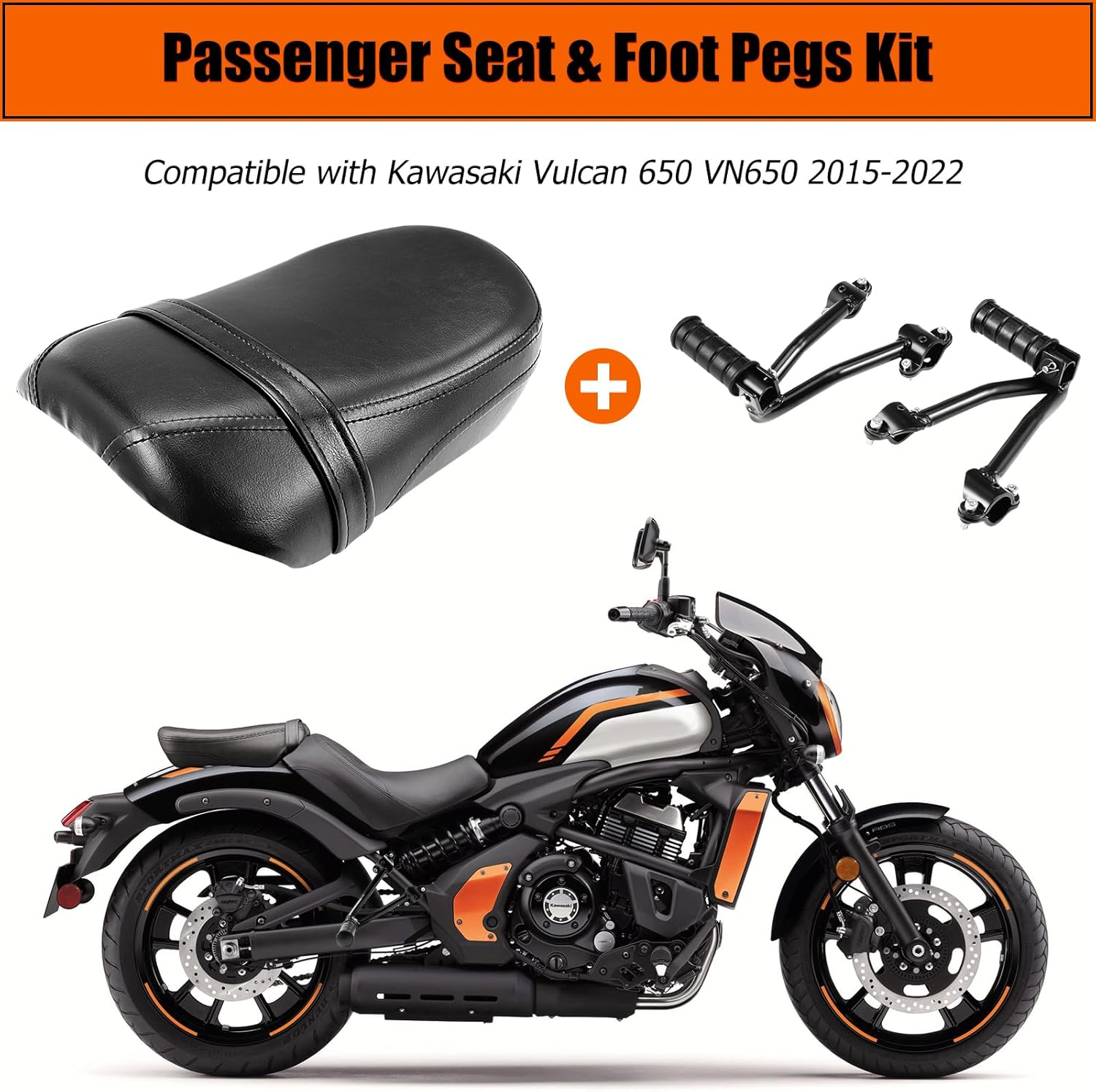 Motorcycle Passenger Seat & Foot Pegs for Kawasaki, Rear Seat Pillion Footpeg Kit Replacement Accessories for Kawasaki Vulcan S 650 VN650 2015-2024 image number 3