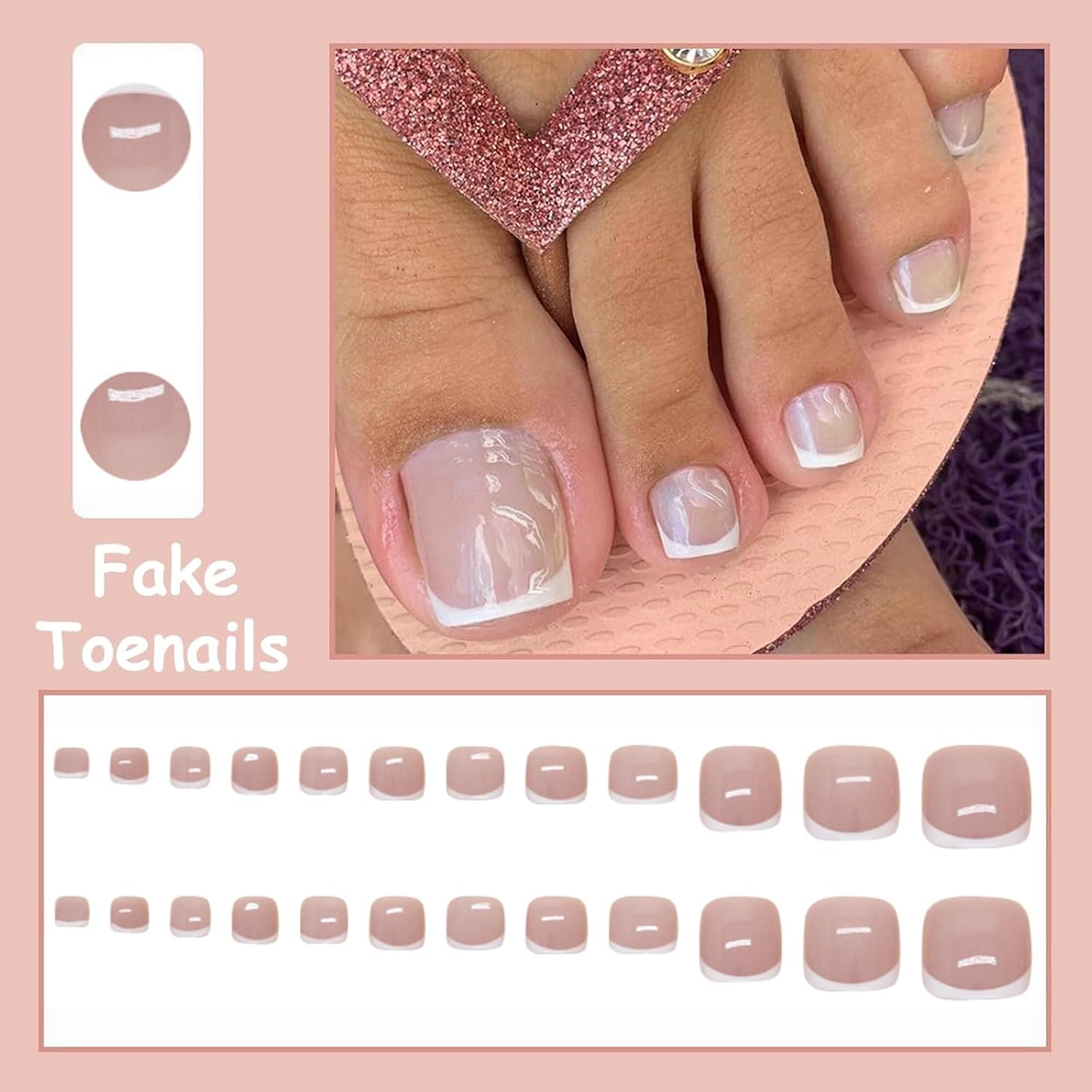 Press-On Toenails for Women-Short Square Glossy French Fake Toenails Pure Acrylic Full Cover Summer Nude Pink 24 Pcs in 12 Sizes with Gel Reusable Glue-On Toenails image number 2