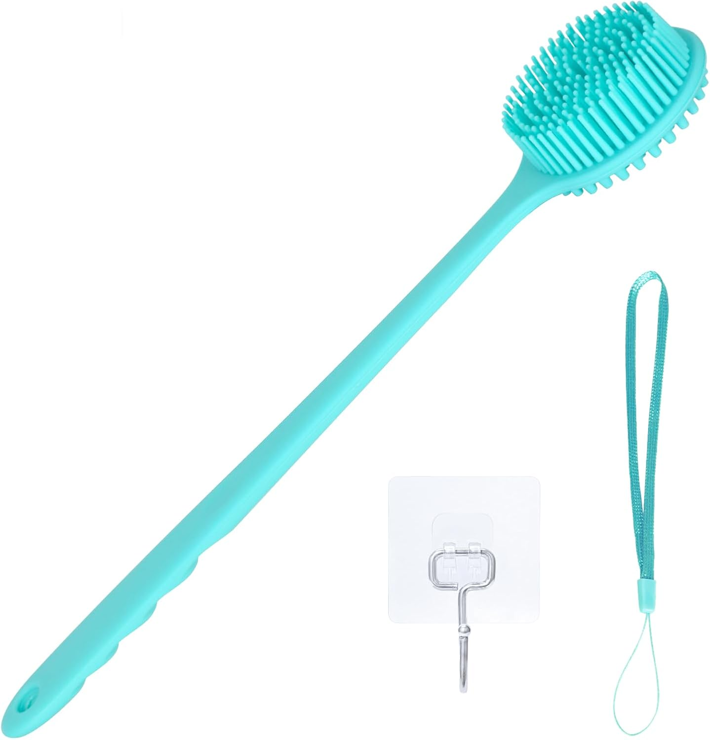 Silicone Back Scrubber for Shower Bath Body Brush with Long Handle Double Sided Exfoliating Shower Brush with a Hook and a Lanyard