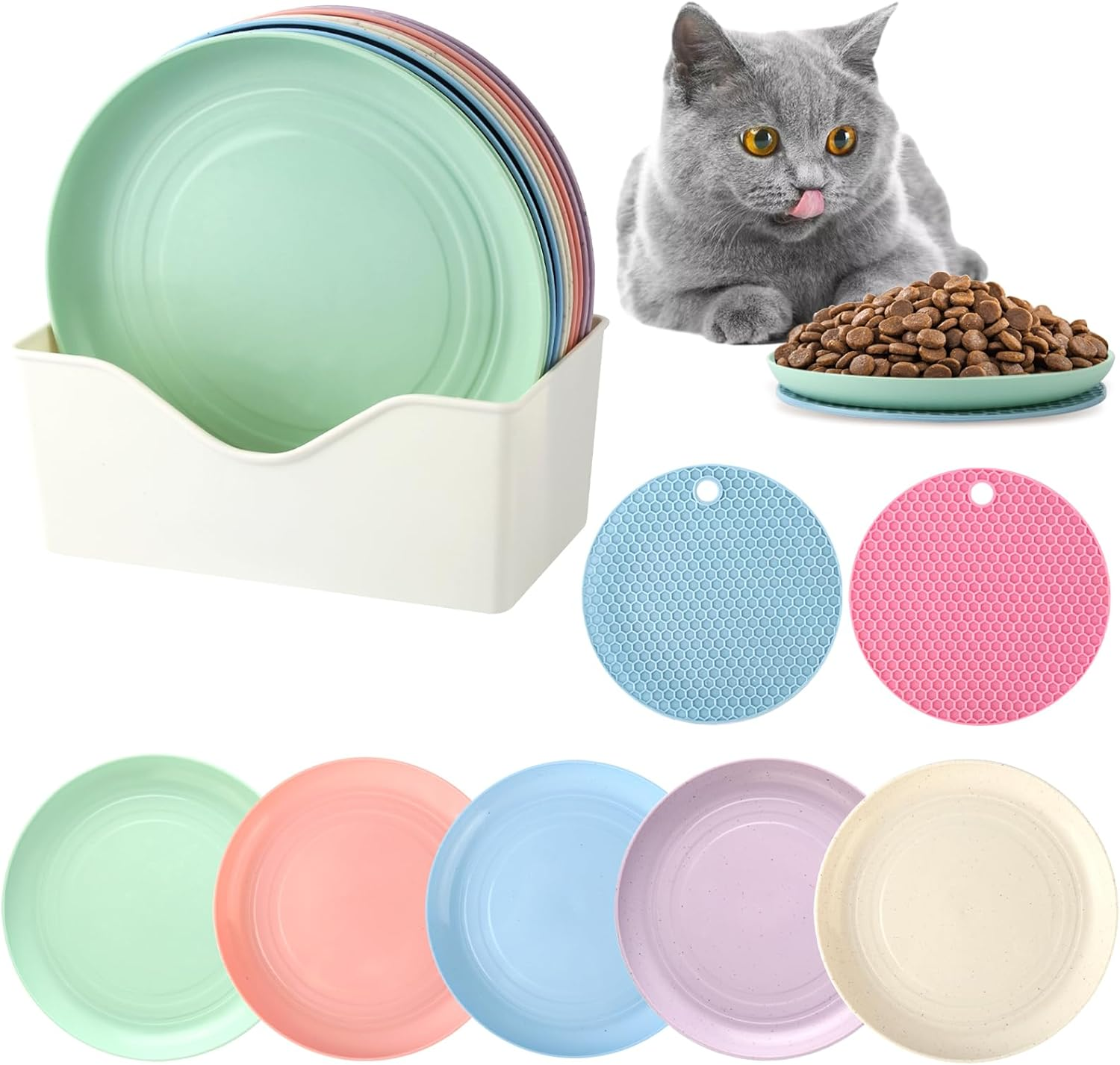 Pack of 10 Flat Cat Bowls with 2 Non-Slip Mats, Circular Feeding Bowl Cat Flat with Storage Base, Colourful Cat Bowl Set, Flat Cat Plate for Kittens and Short-Legged Cats