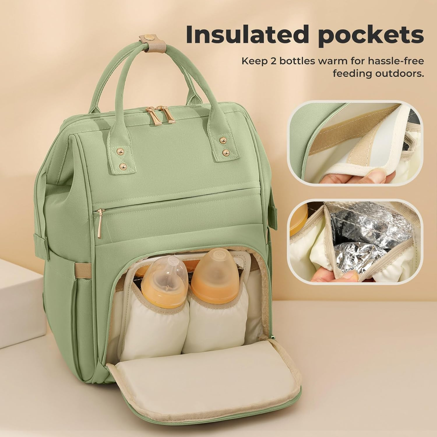 Bopeep Nappy Changing Bag, Multifunctional Waterproof Travel Diaper Bag Backpack with Diaper Changing Pad Baby Care Bag with Stroller Straps Baby Stuff Travel Backpack Green image number 2