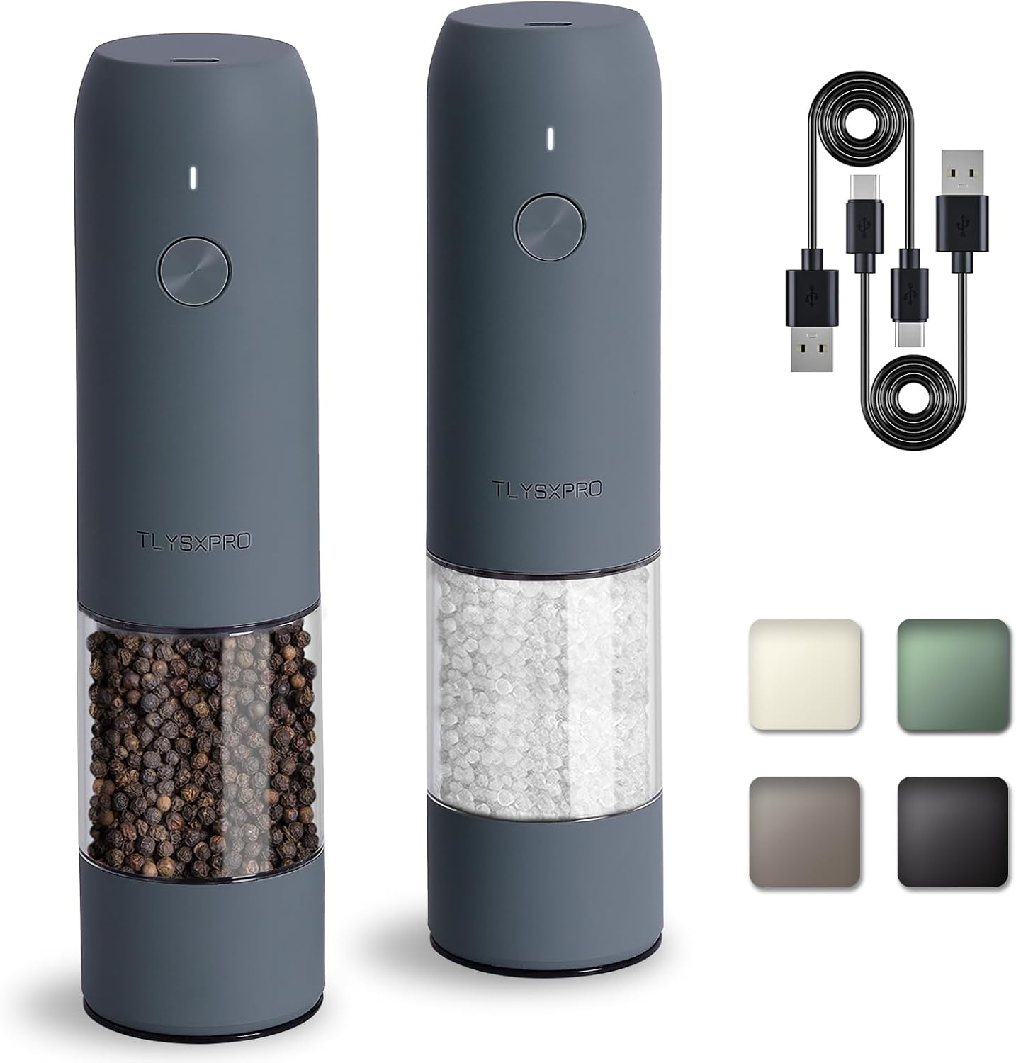 Electric Salt and Pepper Grinder Set, USB Rechargeable, Automatic Salt and Pepper Mill with Adjustable Coarseness, Pepper Shakers, LED Light, Refillable, Kitchen Gadgets (2 Packs, Greige&Buttercream)
