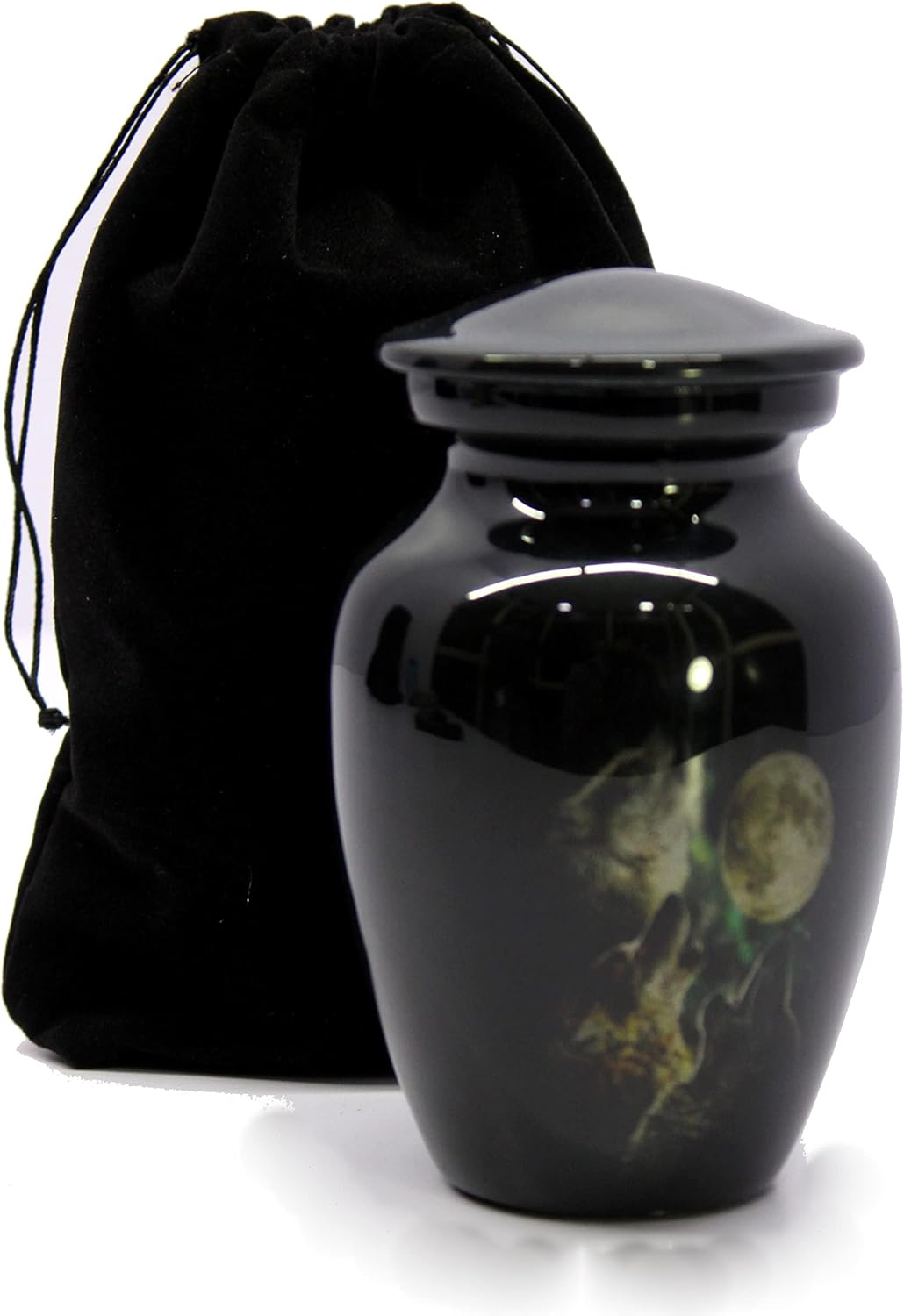 Esplanade Mini Cremation Urn Memorial Jar Pot Container | Small Metal Urn for Funeral Ashes Burial | Wolves with Moon Printed Metal Keepsake | Black - 4.5" Inches image number 3