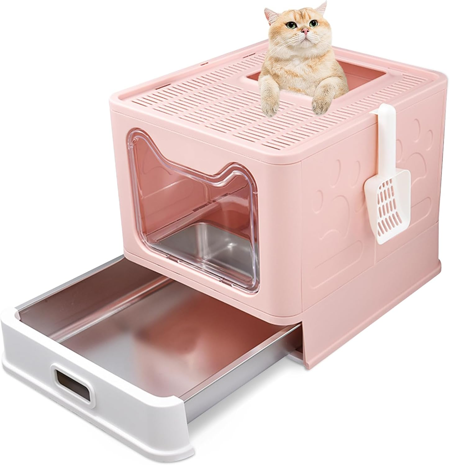 Amibud Covered Stainless Steel Cat Litter Box with Lid, Foldable Metal Enclosed XL Top Entry Kitty Litter Pan Tray with Scoop,Easy to Clean(Pink) image number 6