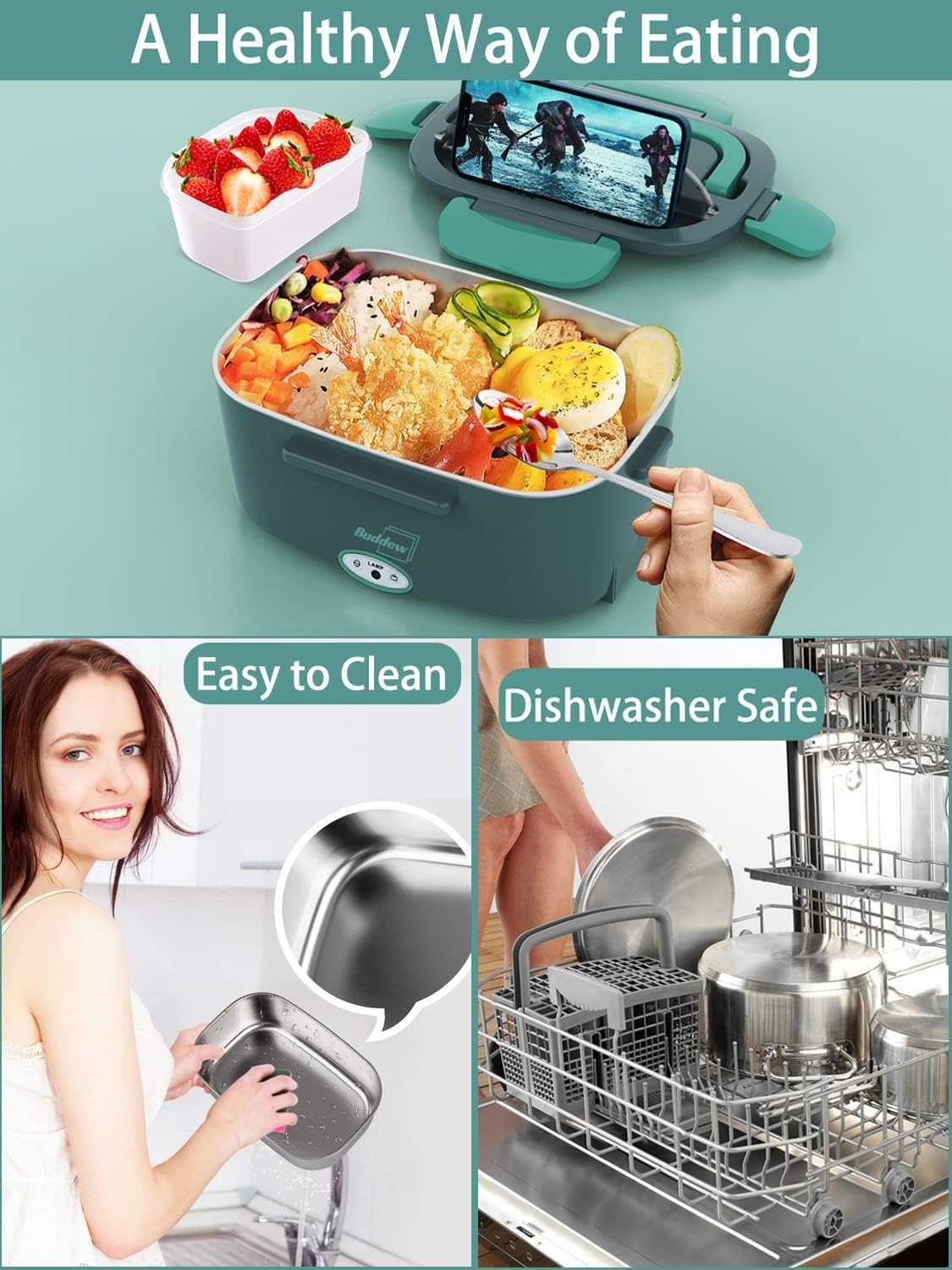 Electric Lunch Box 80W Food Heater for Adults, 240V Portable Lunch Warmer for Car/Truck/Office, Includes SS Fork & Spoon, Insulated Carry Bag (Green) image number 4