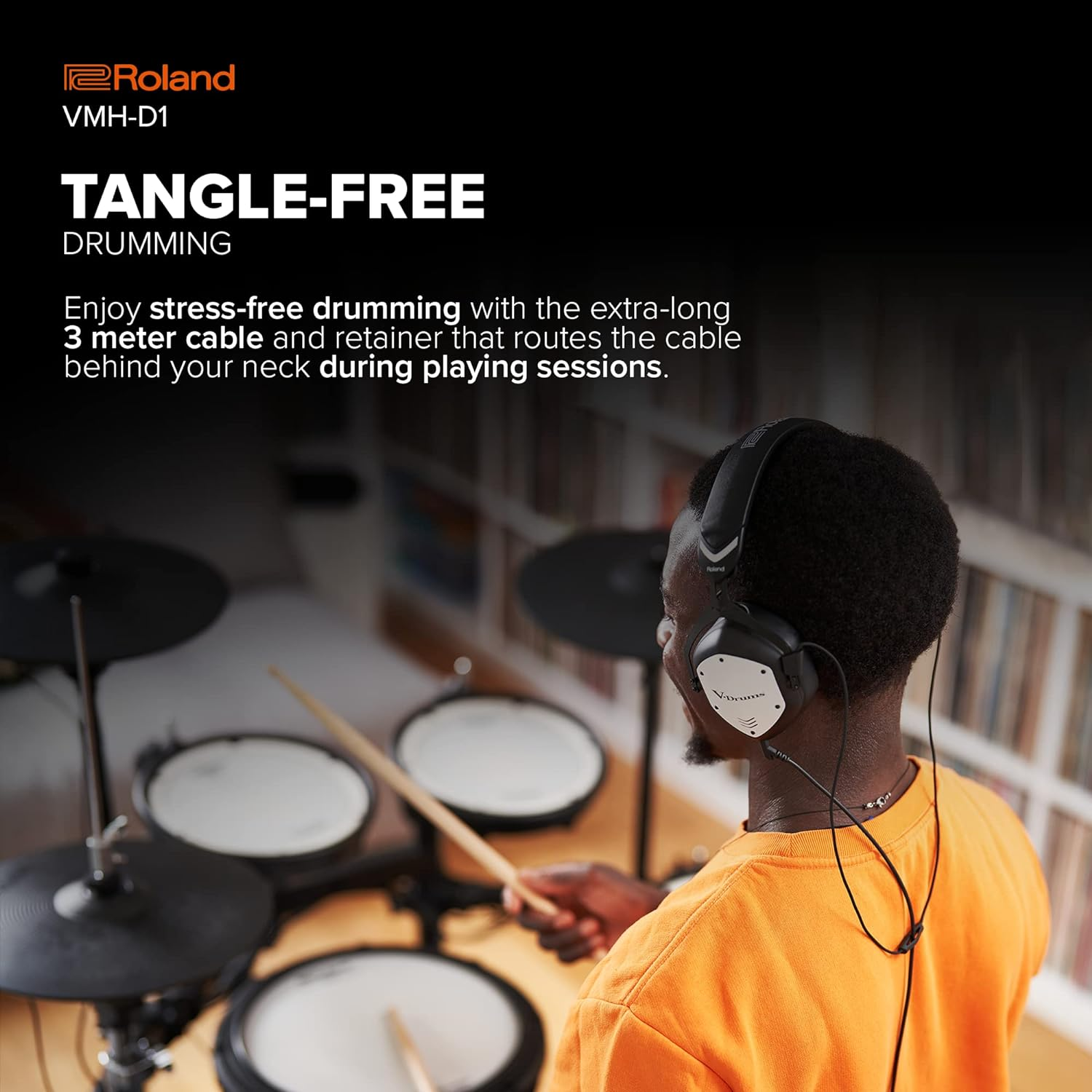 Roland VMH-D1 V-Drums Headphones | Designed by Roland & V-Moda for V-Drums & All Electronic Drum Kits | Immersive Sound | Extended Comfort | Long Cable for Tangle-Free Drumming | Customizable Shields image number 4
