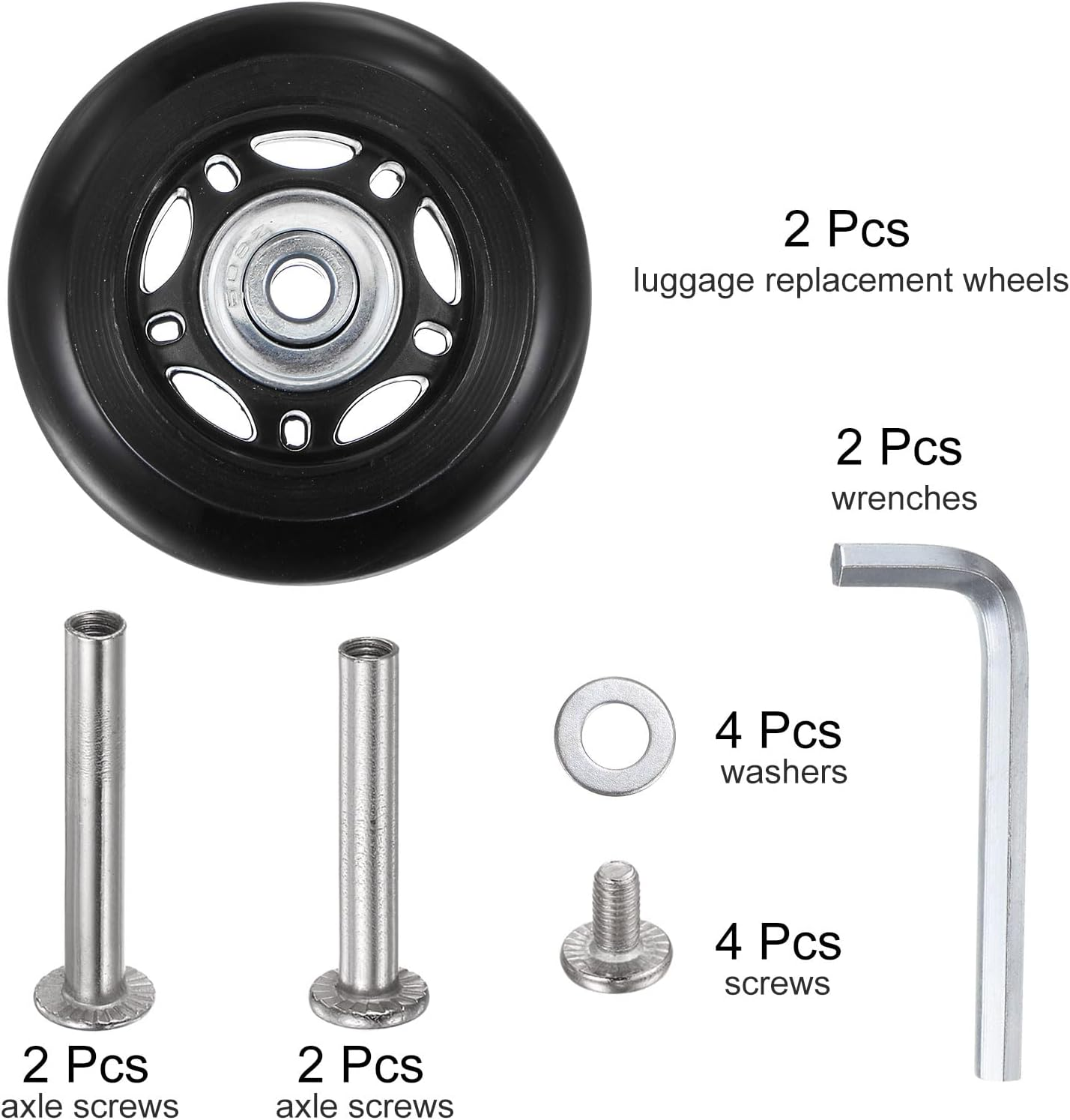 Sourcing Map Replacement Luggage Wheels 64X24Mm Suitcase Wheel Repair Kits Include 2 PU Bearing Wheels & Washers, Wrenches & Axle Screw for Trolley Bag, Inline Skate and Caster Board image number 2
