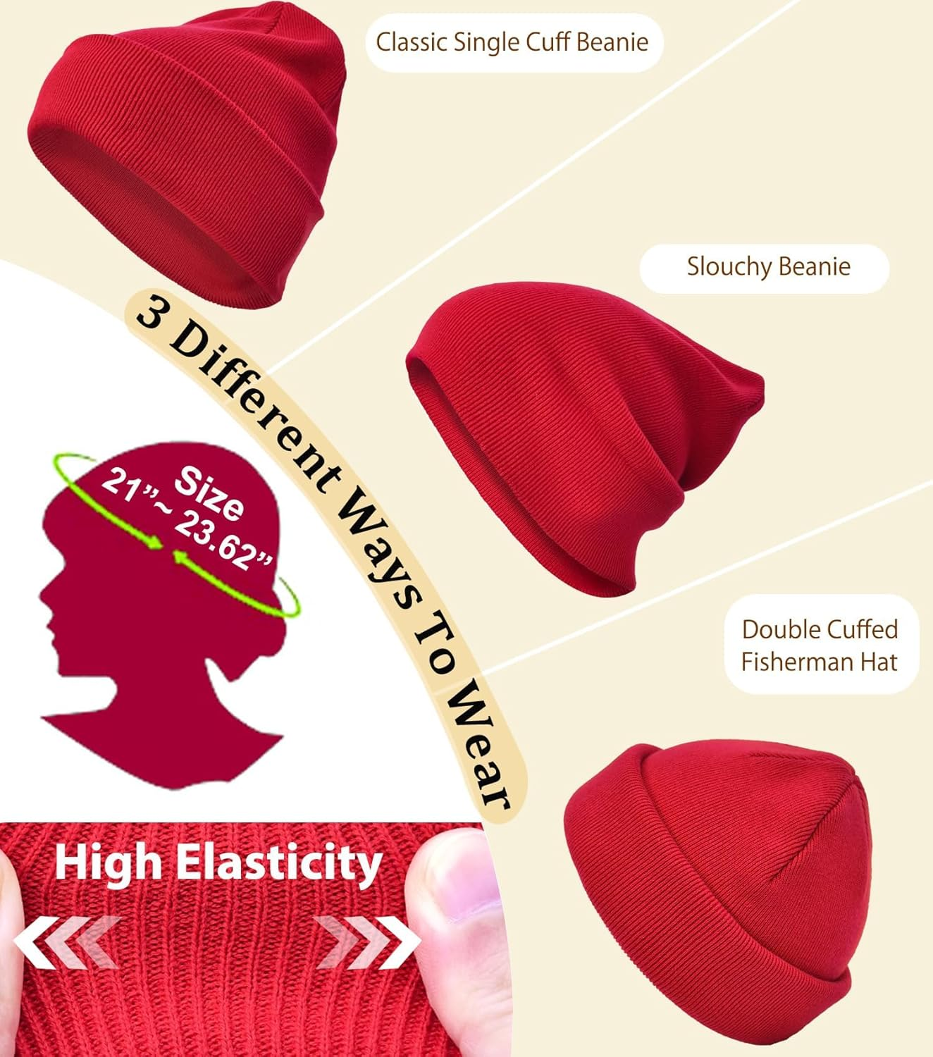 Dumrotite Cotton Beanie Hat for Women Men, Double Warm Knit Winter Hats, Fisherman Slouchy Ski Cuffed Beanies Skull Cap image number 6