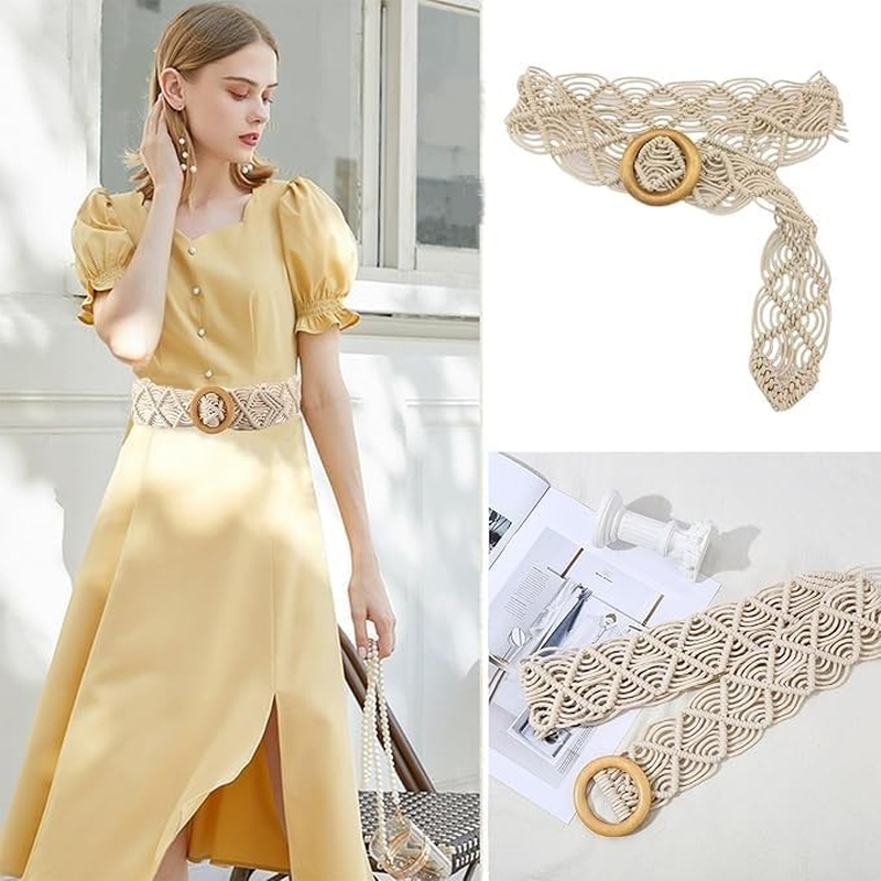 Belts Boho Woven Rattan Rope Braid Waist Belt with O-Ring Wooden Buckle Bohemian Style Skirt Fashion Skinny Macrame Waistband for Women Girls Braided Belt Dress Jeans image number 3