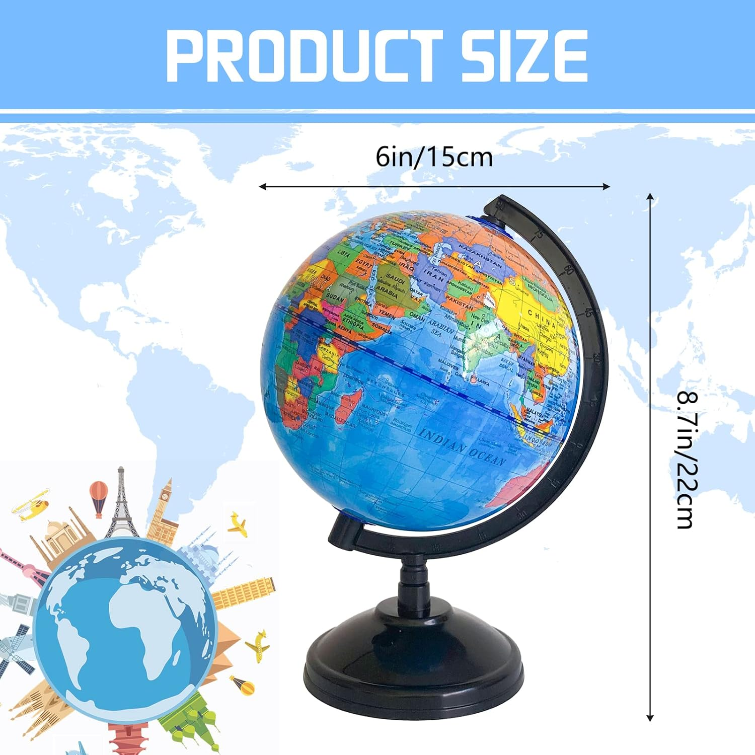 6'' Geographic World Globe for Kids - Educational with Stand, Decorative Rotating Map, Political for Classroom Geography Teaching and Kids Room Decor image number 3
