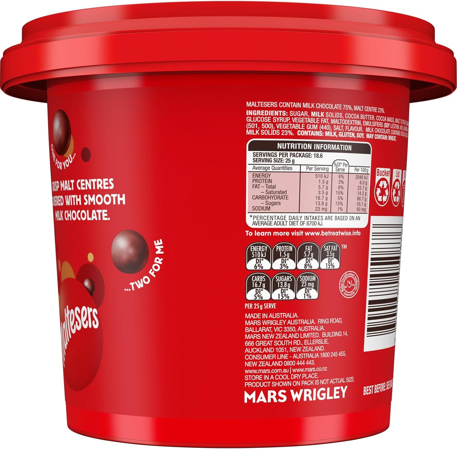 Maltesers Milk Chocolate Snack and Share Gift Bucket 465G image number 1