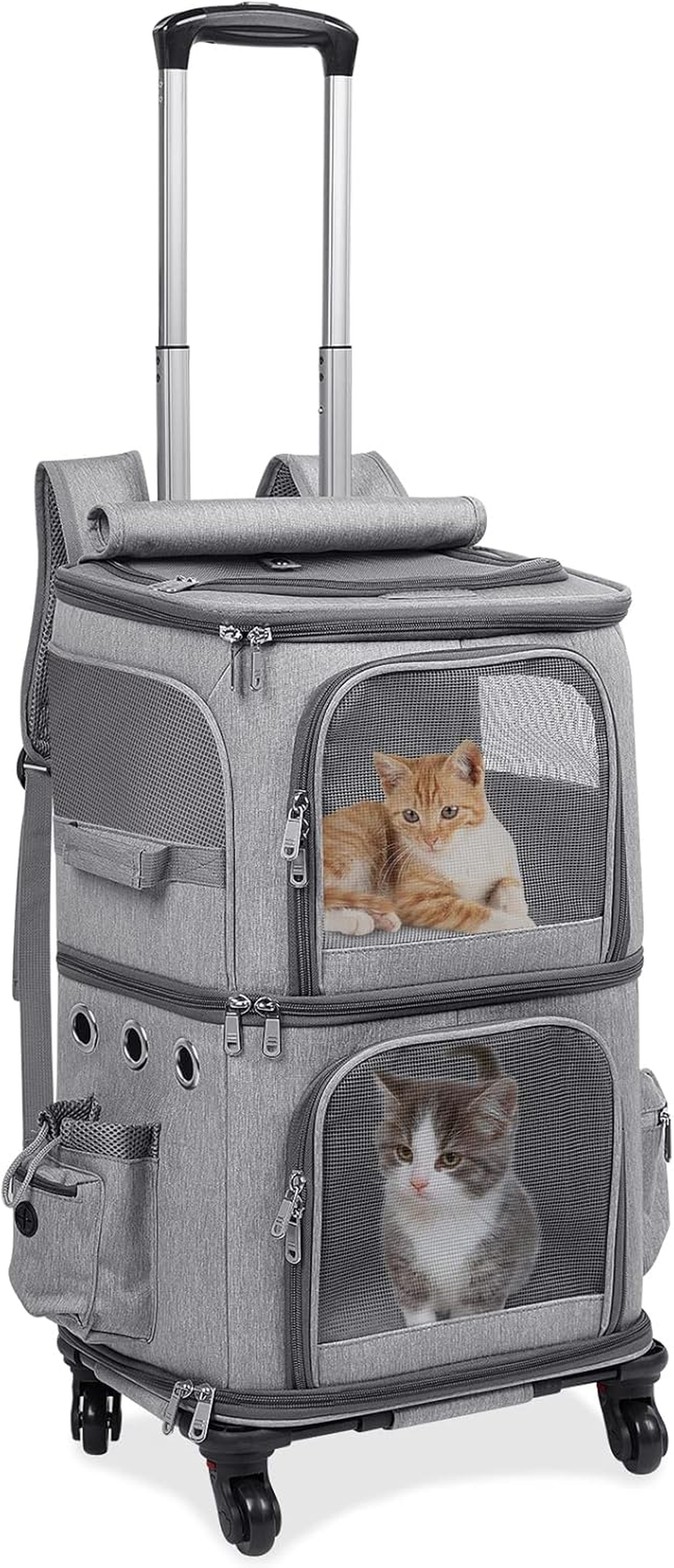 HOVONO Double-Compartment Pet Carrier Backpack with Wheels for Small Cats and Dogs, Cat Rolling Carrier for 2 Cats, Perfect for Traveling/Taking a Walk/Trips to the Vet, Grey