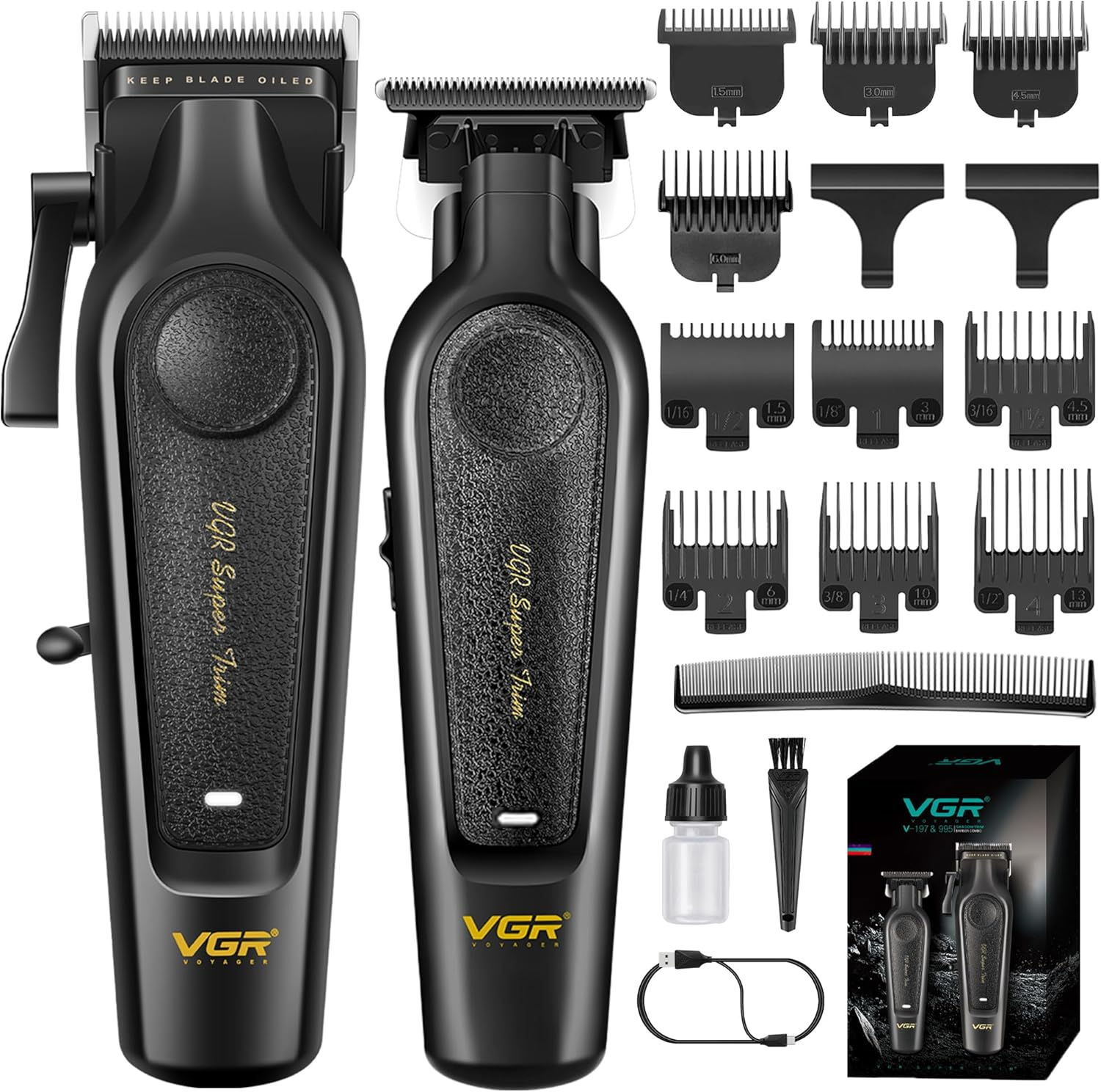 VGR 197 & 995 Professional Barber Combo for Men, Cordless Hair Clippers & Zero Gapped Trimmer Set, Dual-Speed Edgers with Ceramic Stainless Steel Blades, LED Indicator image number 2
