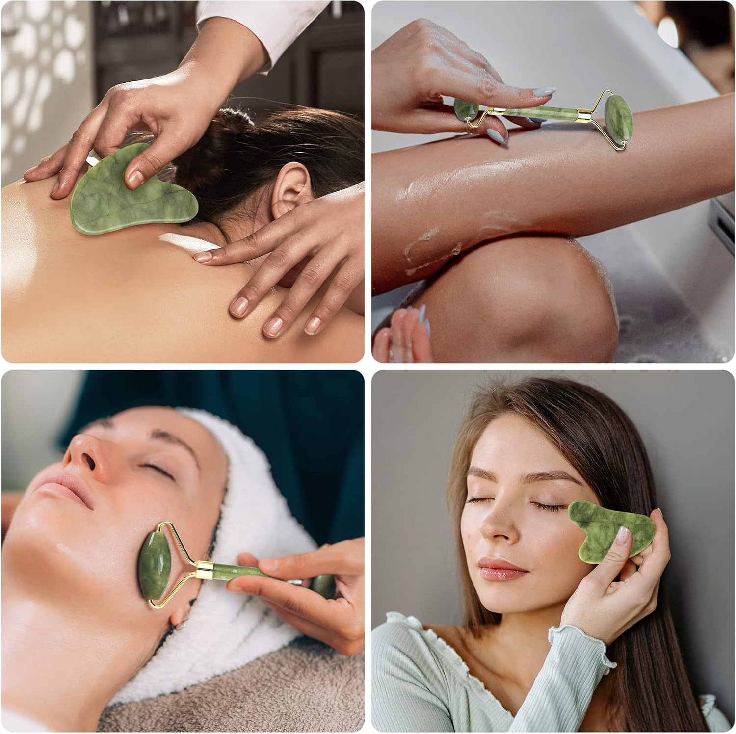 Geeric Jade Roller and Gua Sha Scraping Massage Tool Anti-Aging Quartz Natural Facial Jade Stone Set - Face Eye Neck Beauty Roller for Slimming&Firming - Rejuvenate Skin & Remove Wrinkles Green image number 1