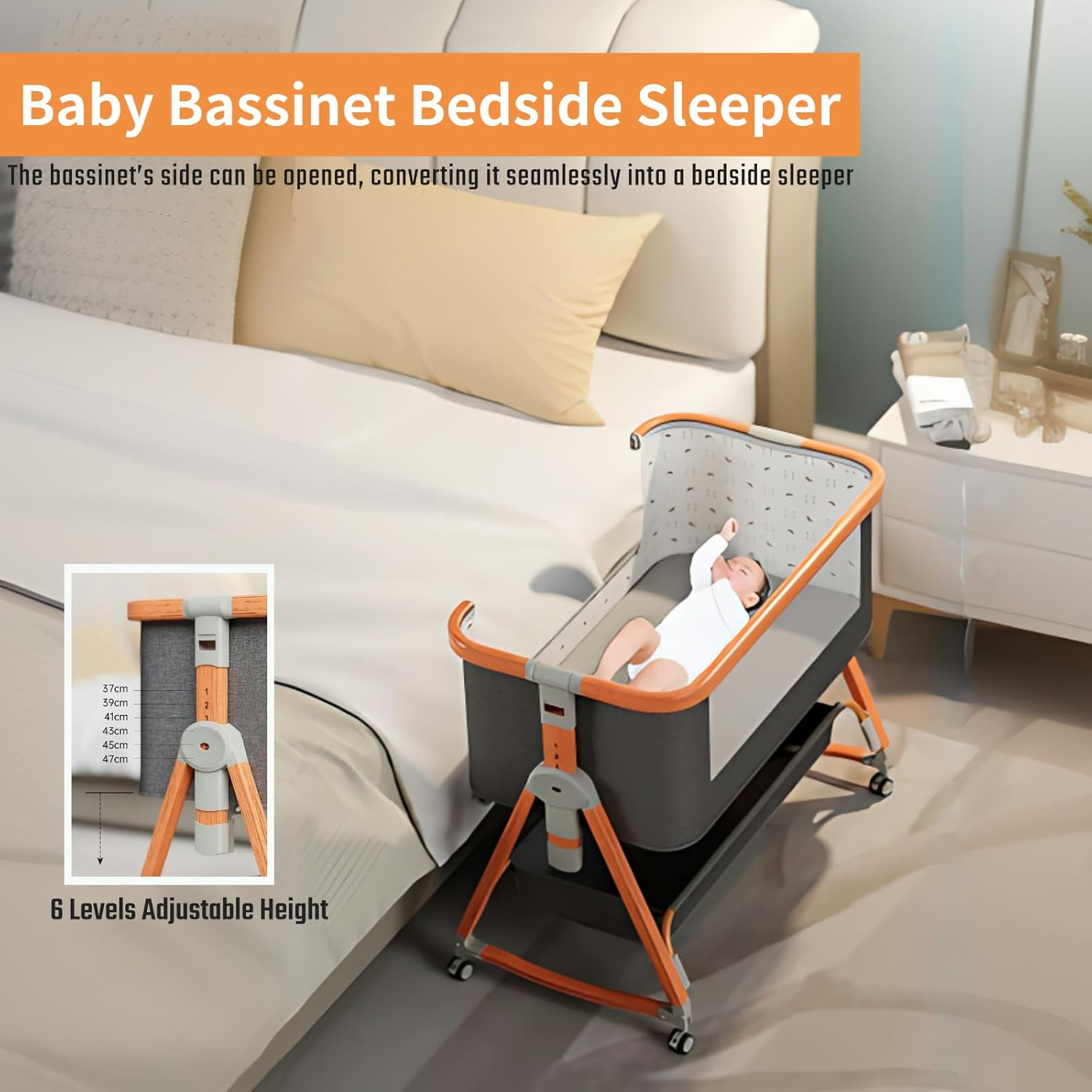 Gdaytao Baby Bassinet Bedside Sleeper - 4 in 1 Baby Cot, Highly Visible Co-Sleeper Bassinet, 6 Levels Adjustable Height Baby Bed with Mosquito Net, Foldable Baby Crib with Mattress & Storage Basket image number 6
