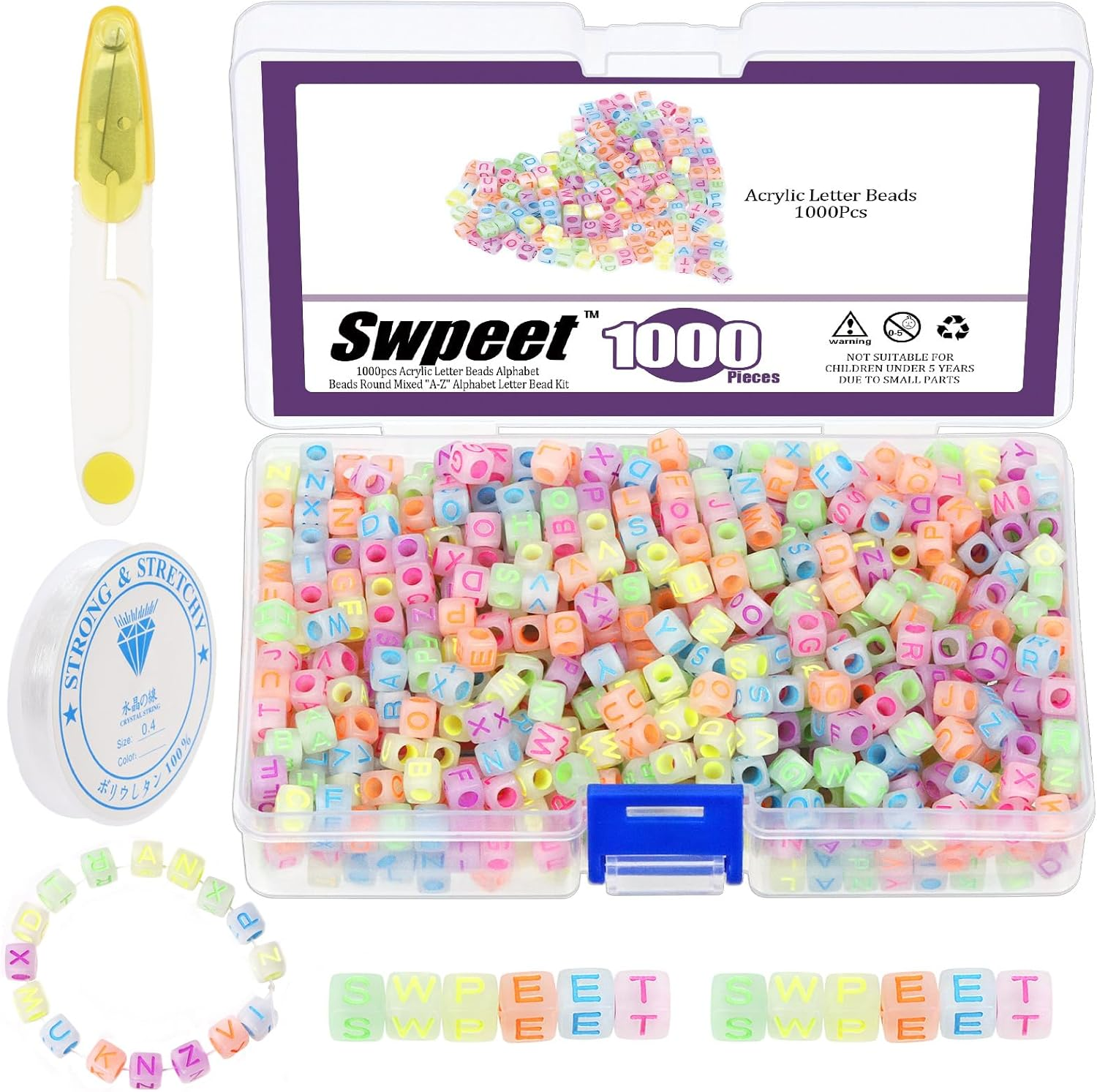 Swpeet 1002Pcs Glow Letter Beads A-Z Colorful Alphabet Beads with Stretch Bead Cord and Scissors, Glow in the Dark Cube Beads for Jewelry Making DIY Bracelets, Necklaces, Keychain image number 6