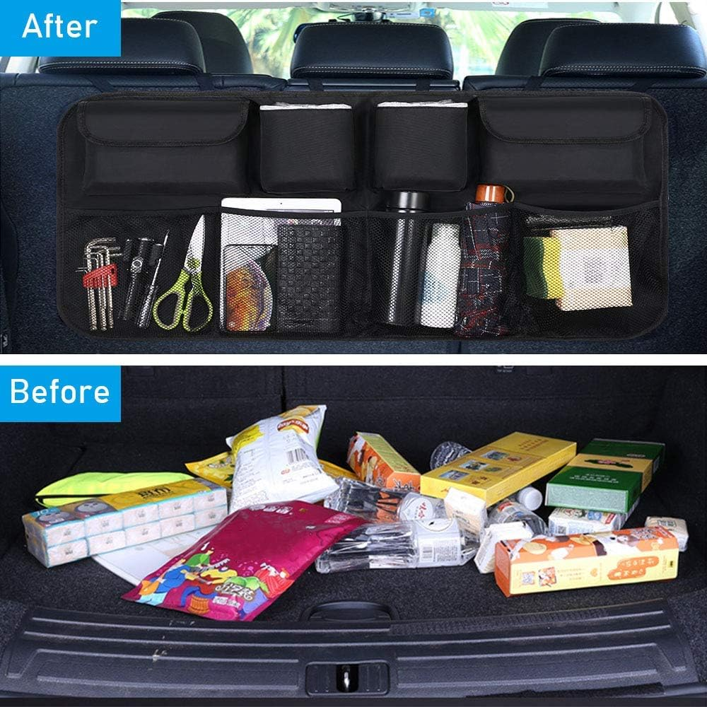 Car Boot Organiser Waterproof Kick Mats Car Organiser Seat Back Protectors, Multi-Pocket Children'S Travel Storage, Durable Foldable Cargo Net Storage for Car Backseat Cover image number 1