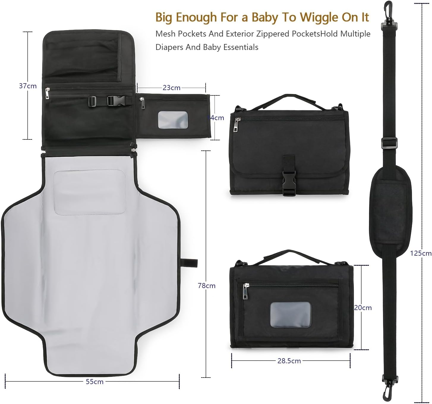 Bebamour Portable Nappy Changing Mats with Wipes Pocket Travel Baby Changing Pads with Head Cushion for Infants Waterproof Diaper Changing Pads Newborn Essentials, New Black image number 1