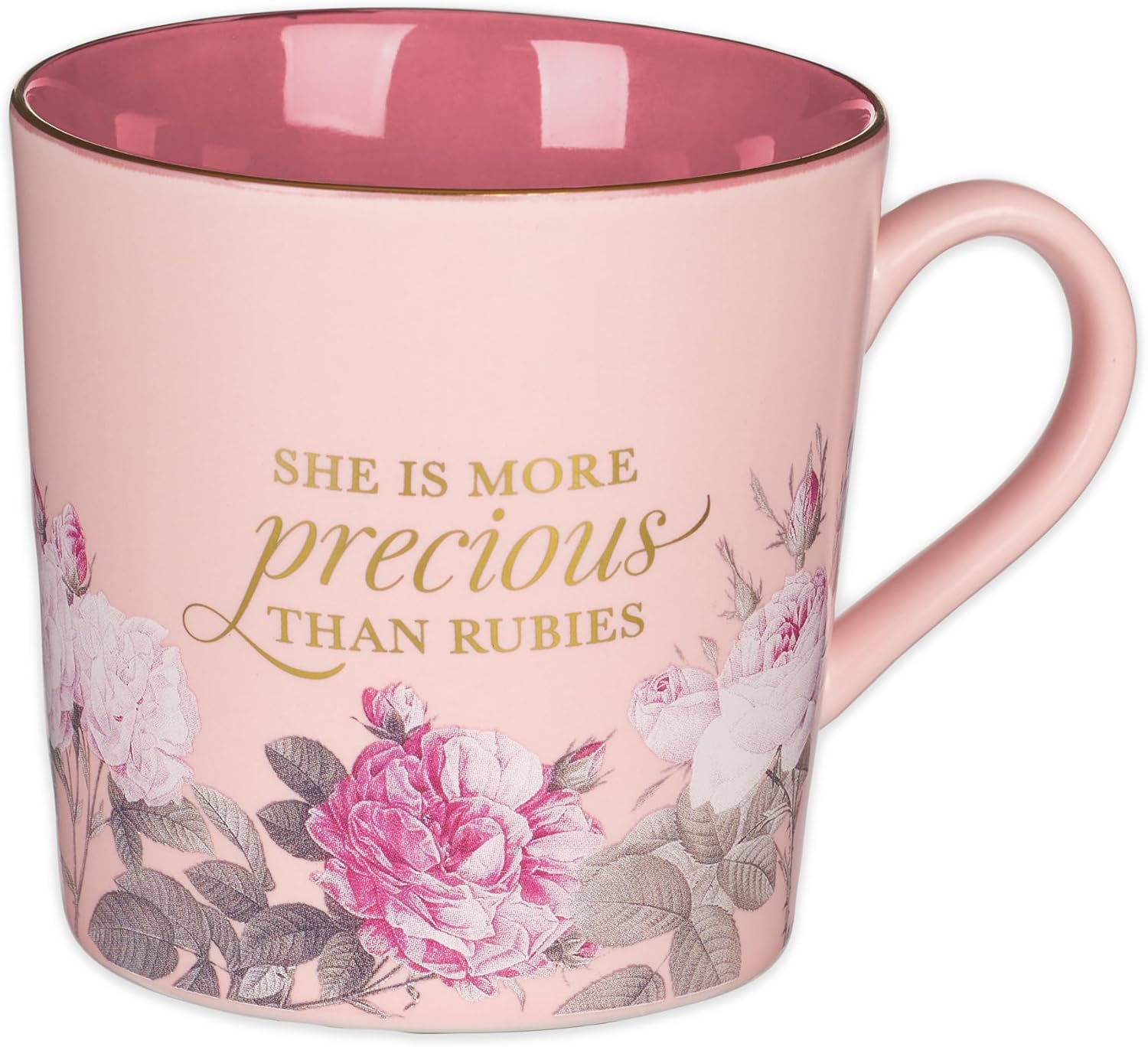 Christian Art Gifts Ceramic Scripture Coffee & Tea Mug 14 Oz Novelty Inspirational Bible Verse Mug for Women: More Precious than Rubies - Proverbs 31:10 Lead-Free Pink Floral W/Golden Accents