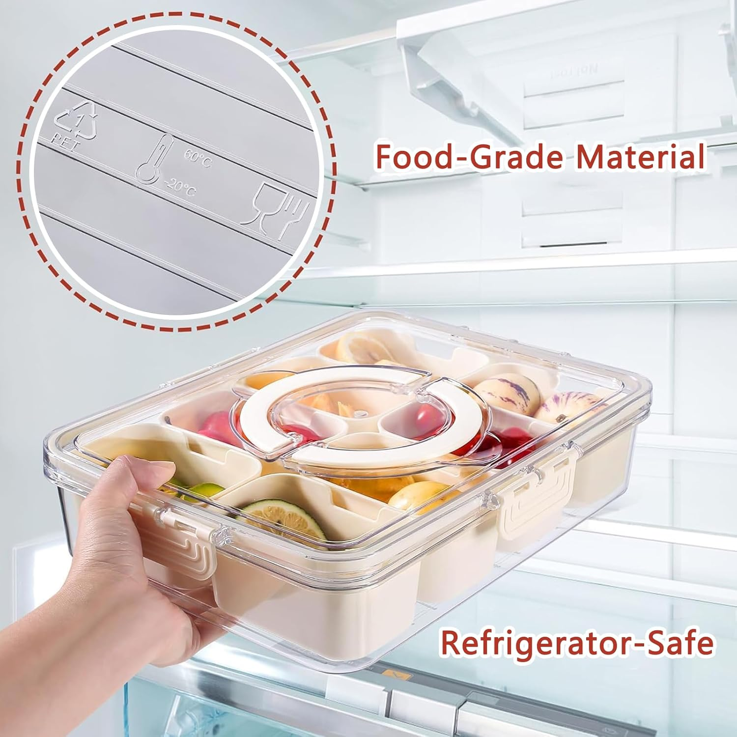 Divided Snack Serving Tray with Handle and Lid - Clear Container for Charcuterie, Candy, Fruit, Nuts and Snacks - Ideal for Parties and Entertaining (8 Compartment) image number 2