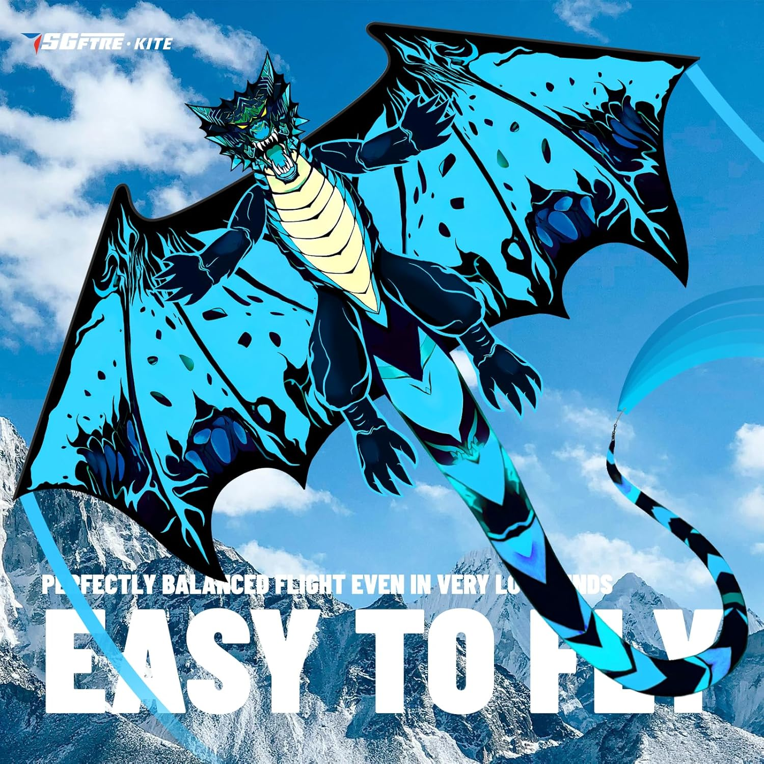 Sgftre Red Evil Dragon Kite for Kids & Adults Easy to Fly,Single Line String with Tail for Beach Flying Kites,Kite for Outdoor Activities Family Parties and Beach Games - Blue Evil Dragon image number 4