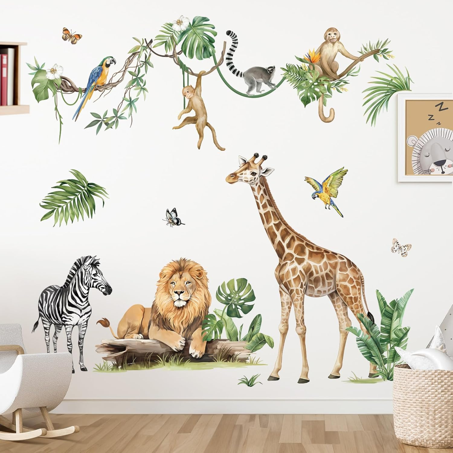 Decalmile Large Jungle Animal Tropical Leaves Wall Decals Safari Tree Lion Giraffe Monkey Wall Stickers Baby Nursery Kids Bedroom Living Room Wall Decor image number 5