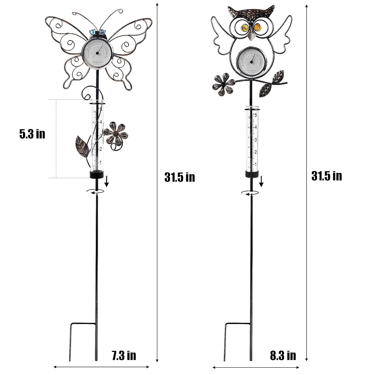Juegoal 31.5 Inch Rain Gauge with Thermometer, Butterfly & Owl Garden Stakes Decor, Waterproof Rustproof Metal Yard Art Outdoor Lawn Pathway Patio Decorations, Set of 2 image number 3