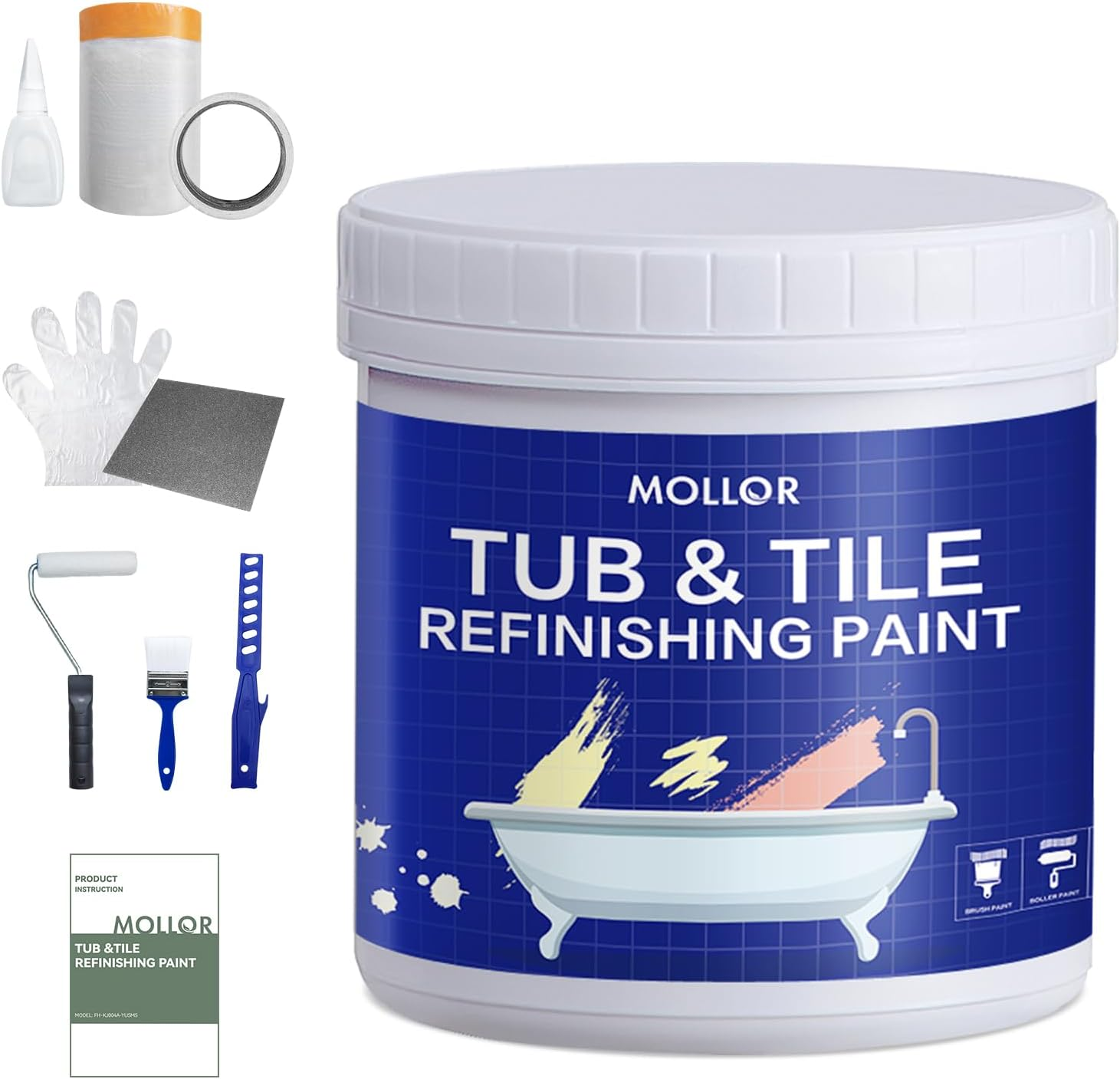 Tub and Tile Refinishing Kit with Tools, 1KG White Tile Paint Water Based & Low Odor, DIY Bathtub Paint, Easy to Use for Bathroom, Kitchen, Porcelain, Floor, Semi-Gloss White,50-60Sq.Ft image number 1
