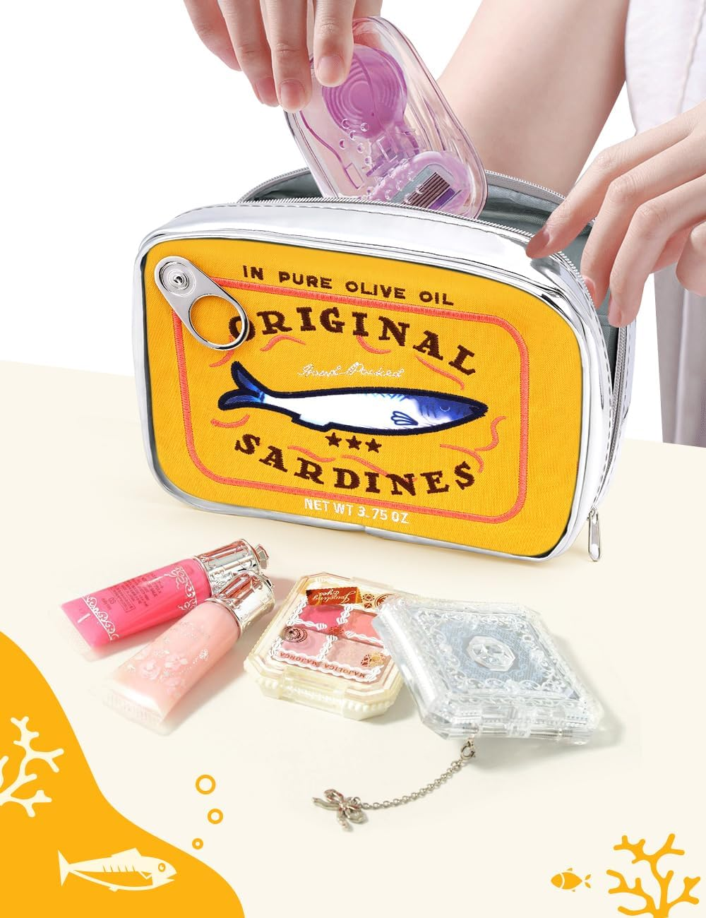 Cessfle Canned Sardines Makeup Bag, Creative Cute Makeup Bag Canned Fish Cosmetic Bag Coquette Cosmetic Pouch Aesthetic Toiletry Bag for Women Girls, Yellow image number 4