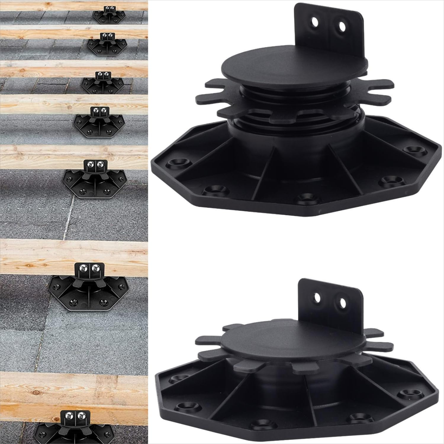 12Pack Adjustable Deck Support Pedestal Deck Foundation Base Support for Floating Deck Platform Deck Floor Height Adjustment Raising from 2-3/8" to 5-1/2", Black