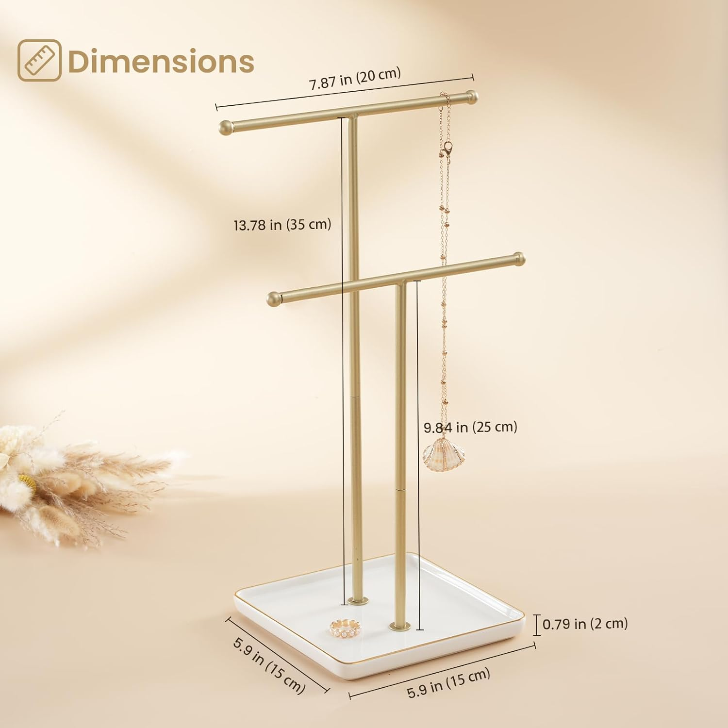 Lolalet Necklace Holder, Jewelry Display Stand with Ceramic Base Tray Jewelry Organizer Tree for Necklaces Bracelets Earrings Rings -White, 2 Tiers - Black image number 4