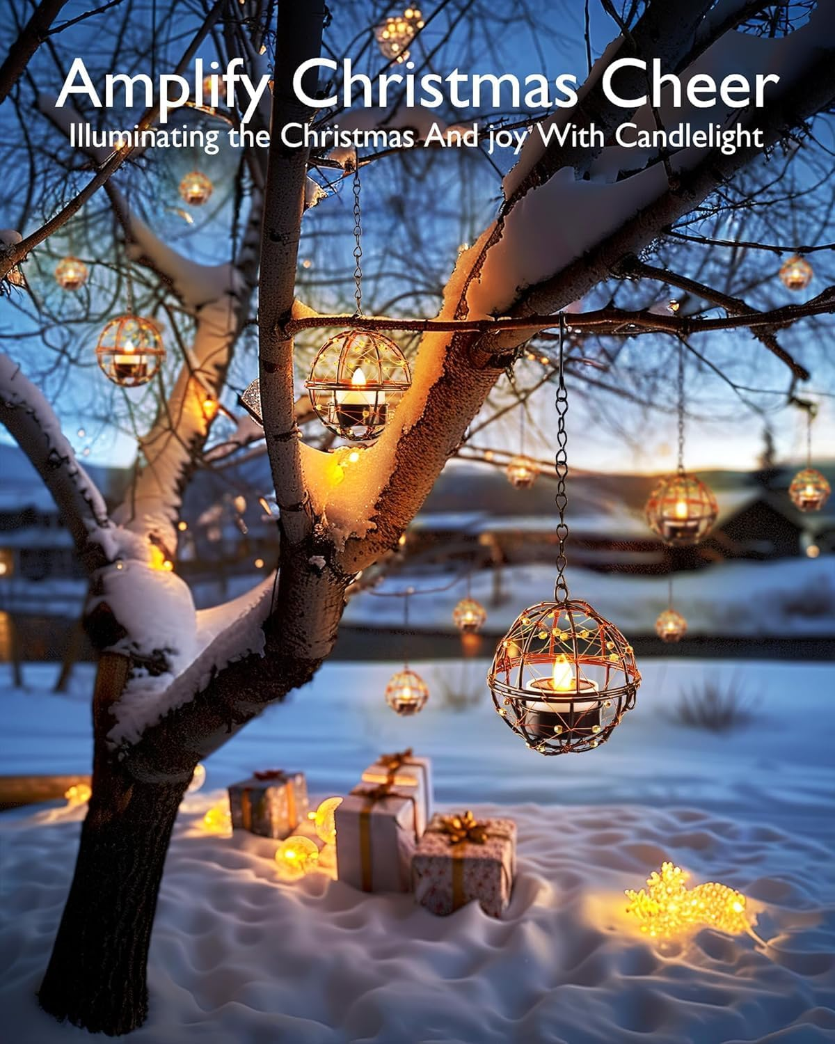 Solar Powered Tea Lights Outdoor Waterproof Hanging Lanternsoutdoor, Globe Hanging Candle Holder with Flickering , Chargeable Chandelier Light for Backyard Patio Garden Fence Tree Decoration, 4Pack image number 3