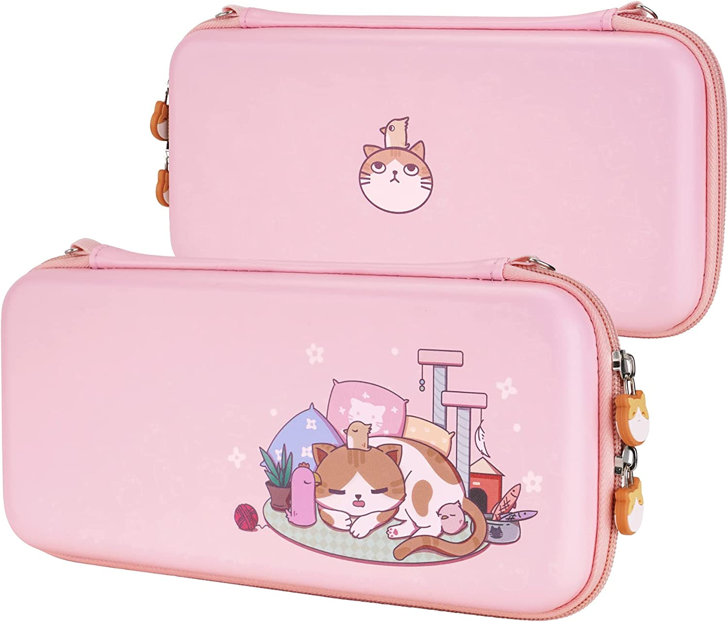 Playvital Pink Travel Carrying Case for Nintendo Switch & Switch OLED, Protective Hard Shell Storage Case for Switch,W/Thumb Grips Game Cards Slots & Inner Pocket - Kitten & Chicken