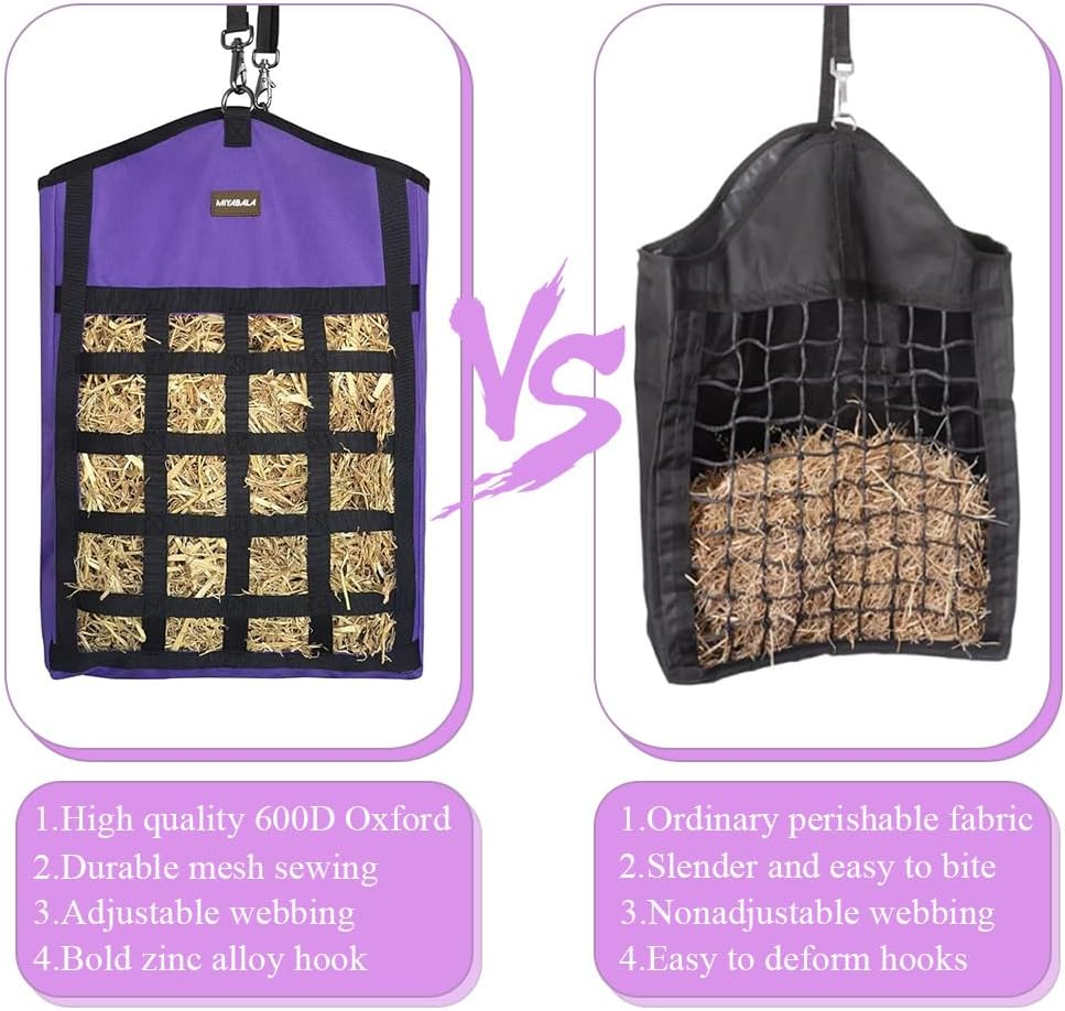 2 Pack Hay Bags,Slow Feeder Hay Bag,Horse Feeding Bag, with Front Hay Nets Design, Easy to Fill and Hang with Large Opening,For Horse, Goat, Donkeys (Purple) image number 4