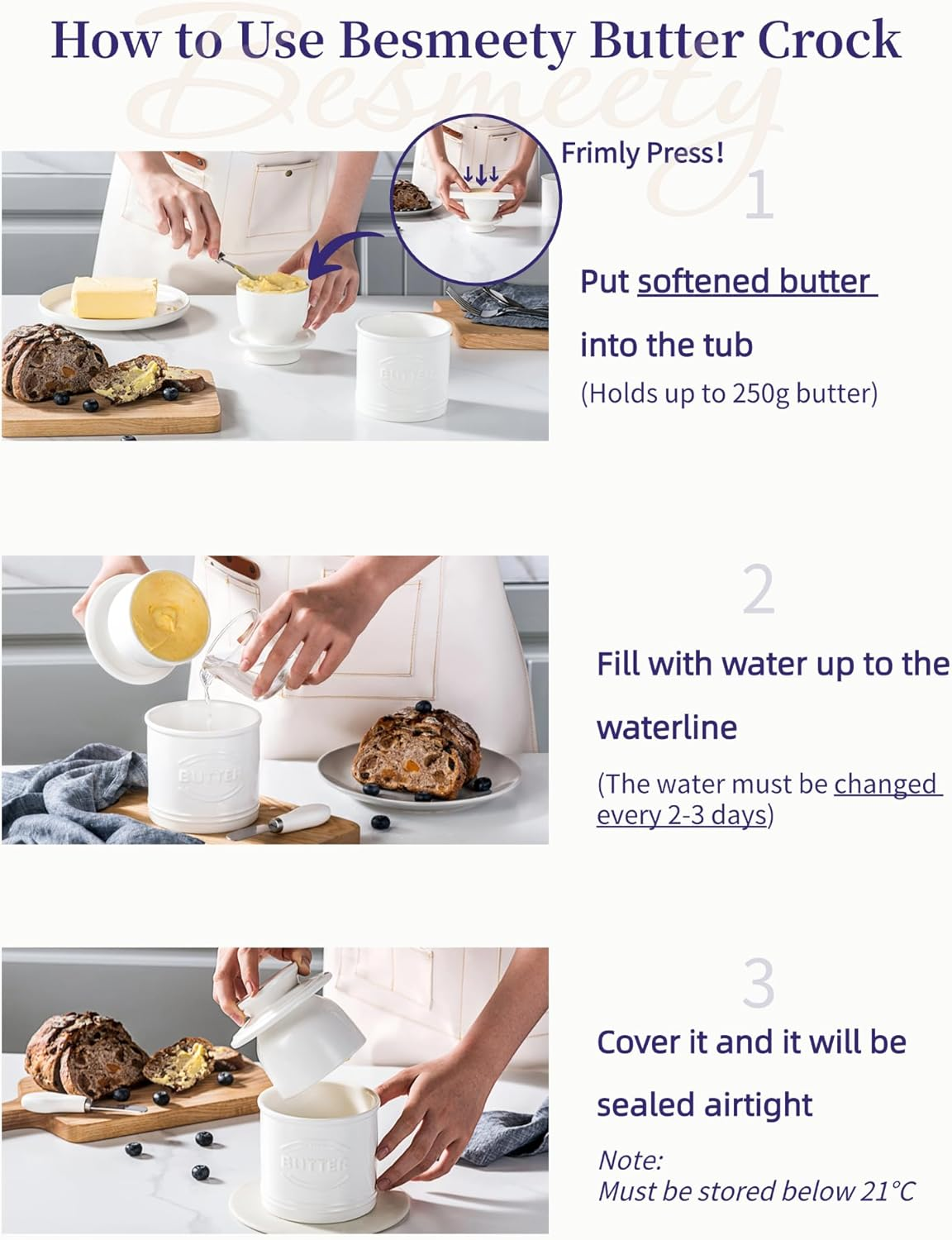 Besmeety French Butter Dish Ceramic Butter Dish Butter Bell (White, XL) - White image number 3