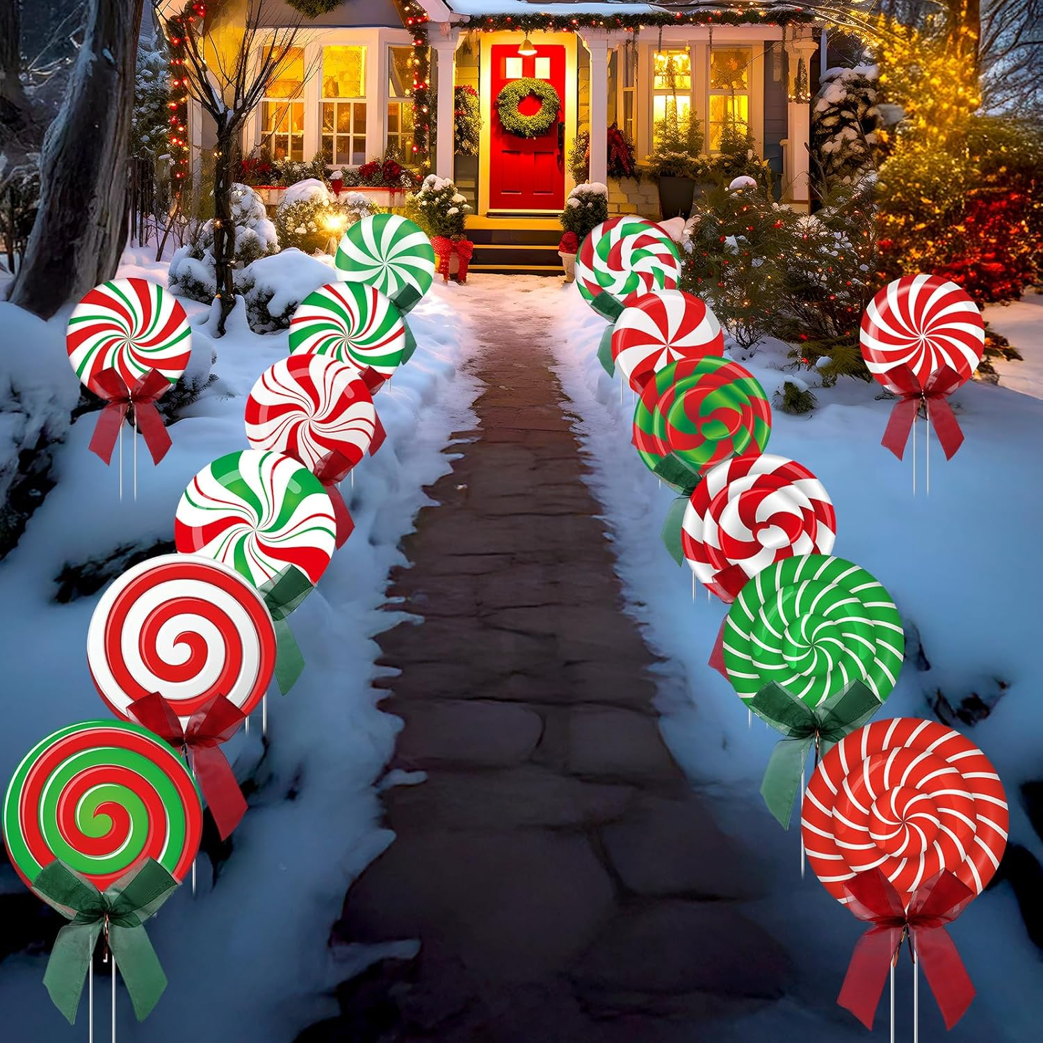 Christmas Outdoor Yard Signs Peppermint Corrugated Yard Decorations with Stakes and Bow Xmas Candy Garden Waterproof Cardboard Lawn Signs for Pathway Walkway Decor (15) image number 1