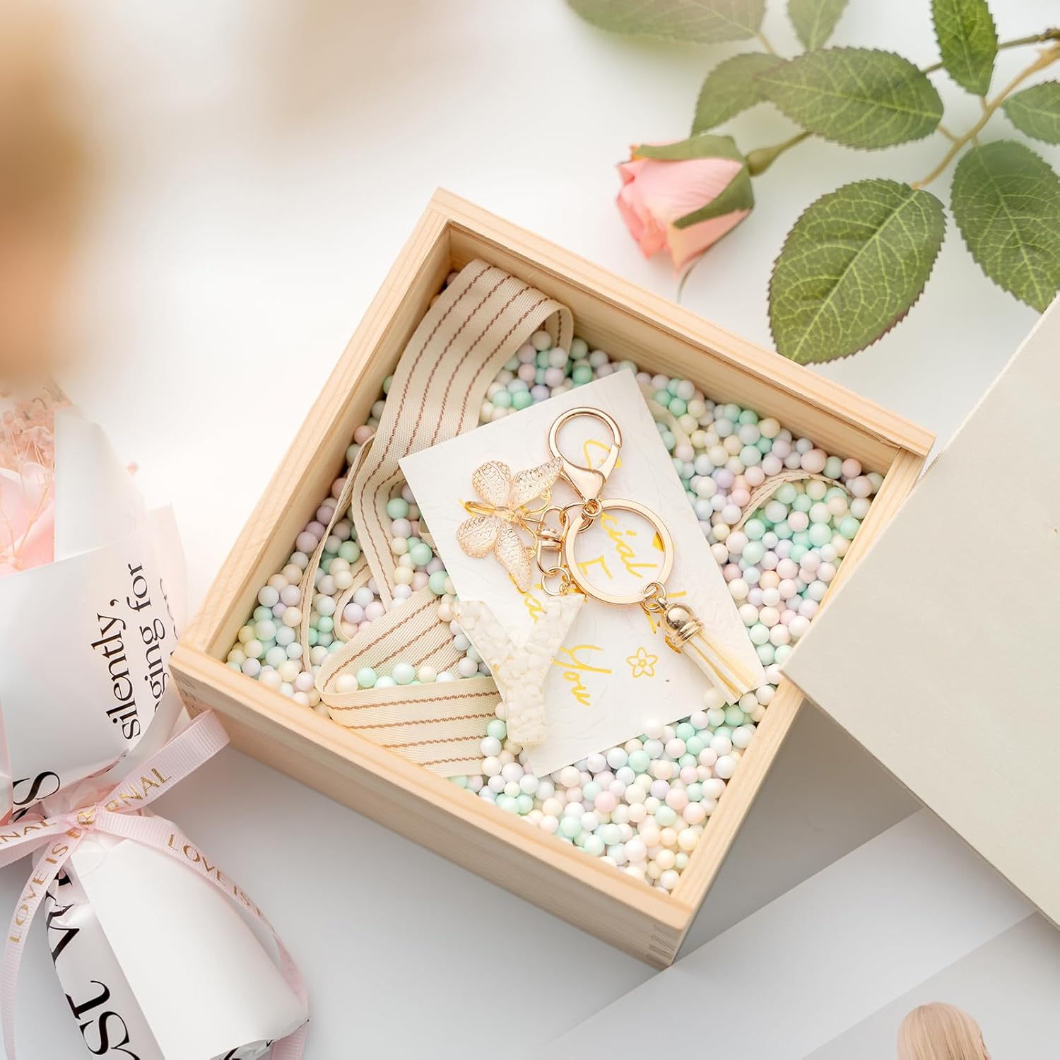 Letter Keychain Initial Keyring Key Chain Alphabet Key Rings for Women Girls,Beige - Beige-B image number 7